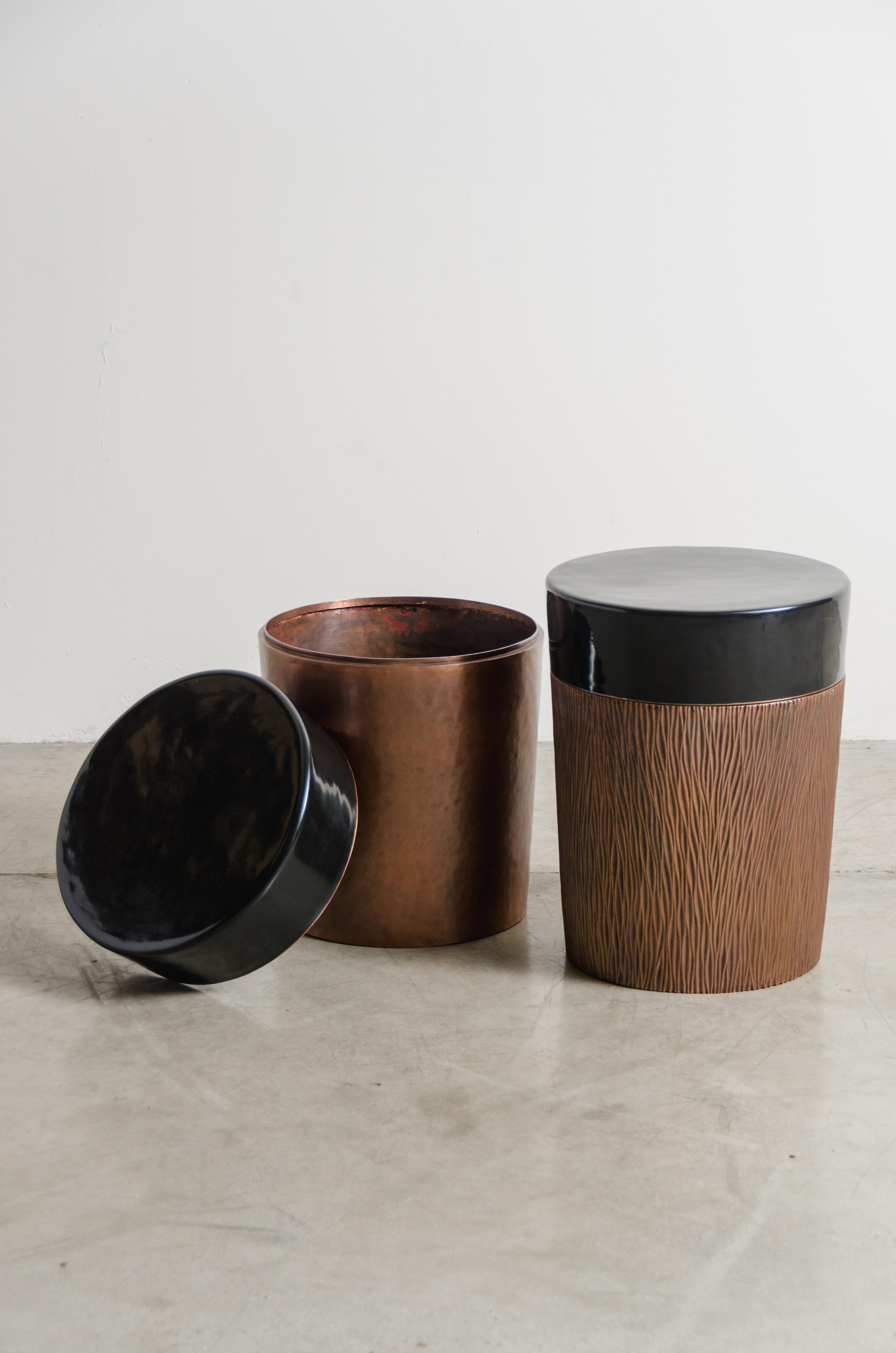 Cylindrical Storage Drumstool, Antique Copper and Black Lacquer by Robert Kuo In New Condition For Sale In Los Angeles, CA