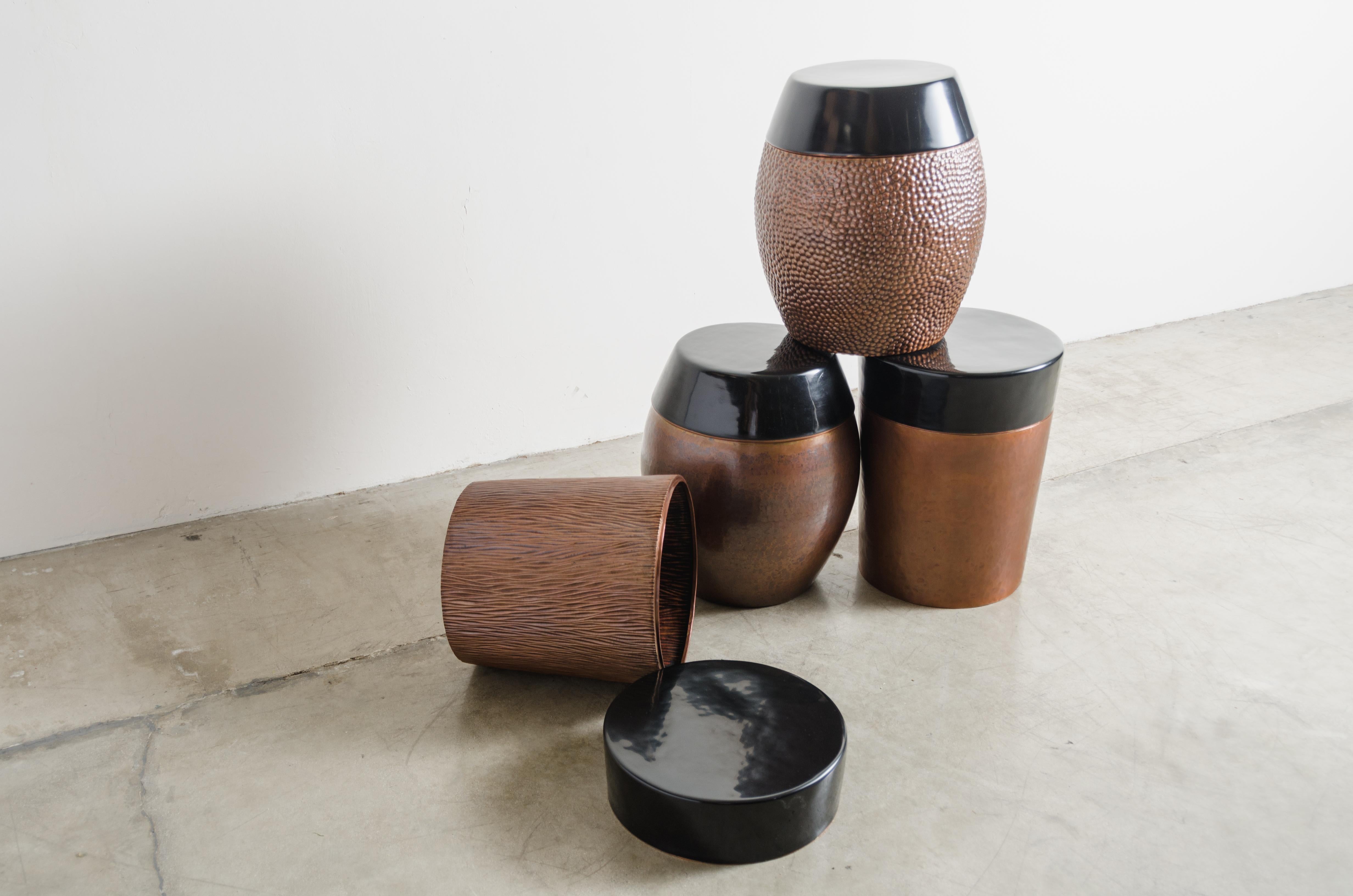 Contemporary Cylindrical Storage Drumstool, Antique Copper and Black Lacquer by Robert Kuo For Sale