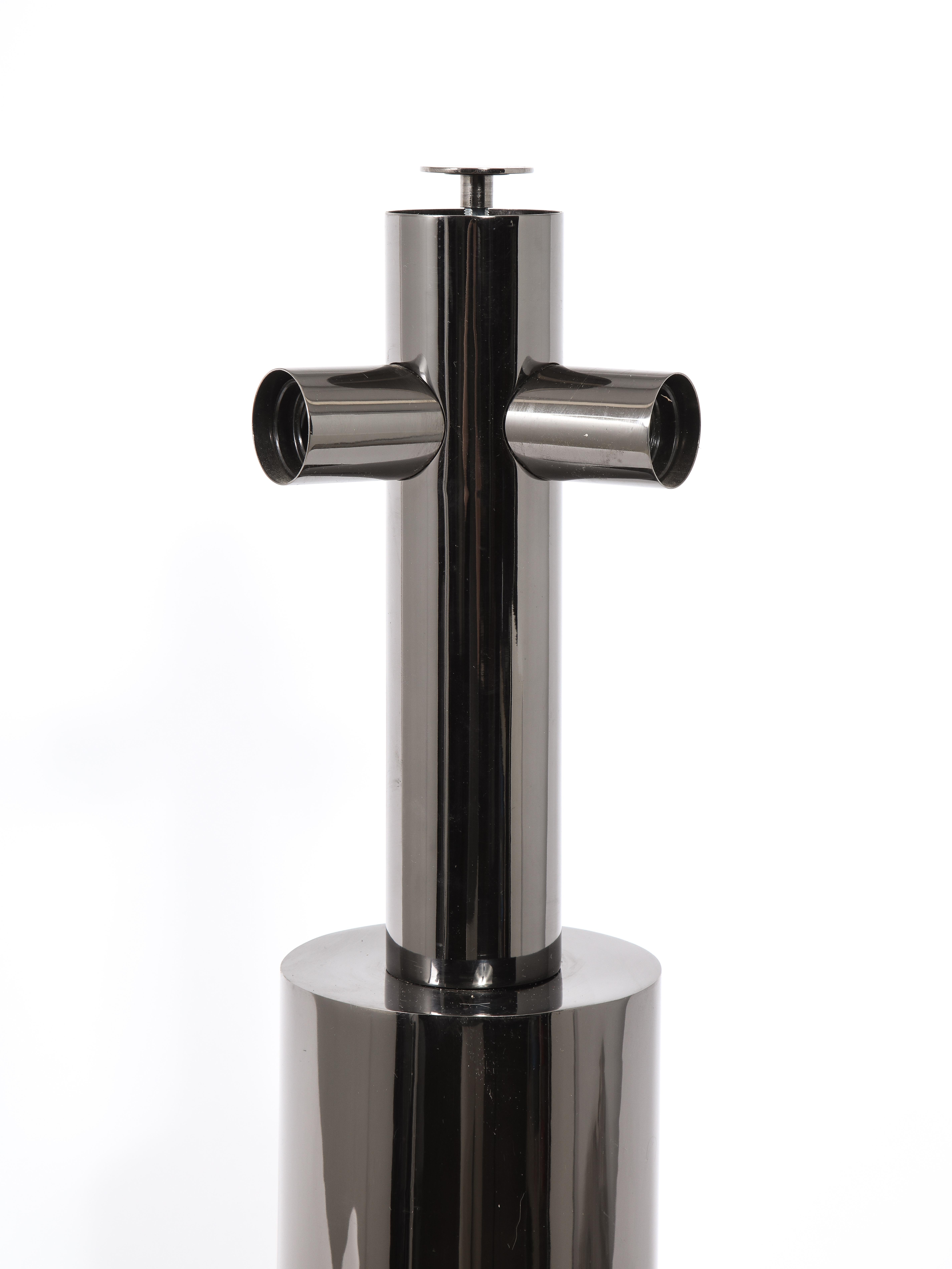 Brass Cylindrical Table Lamp in Black Nickel, France, 1970's For Sale