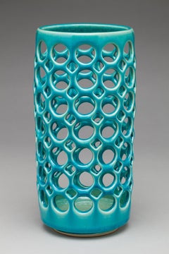 Pierced Turquoise Column Vessel/Candleholder