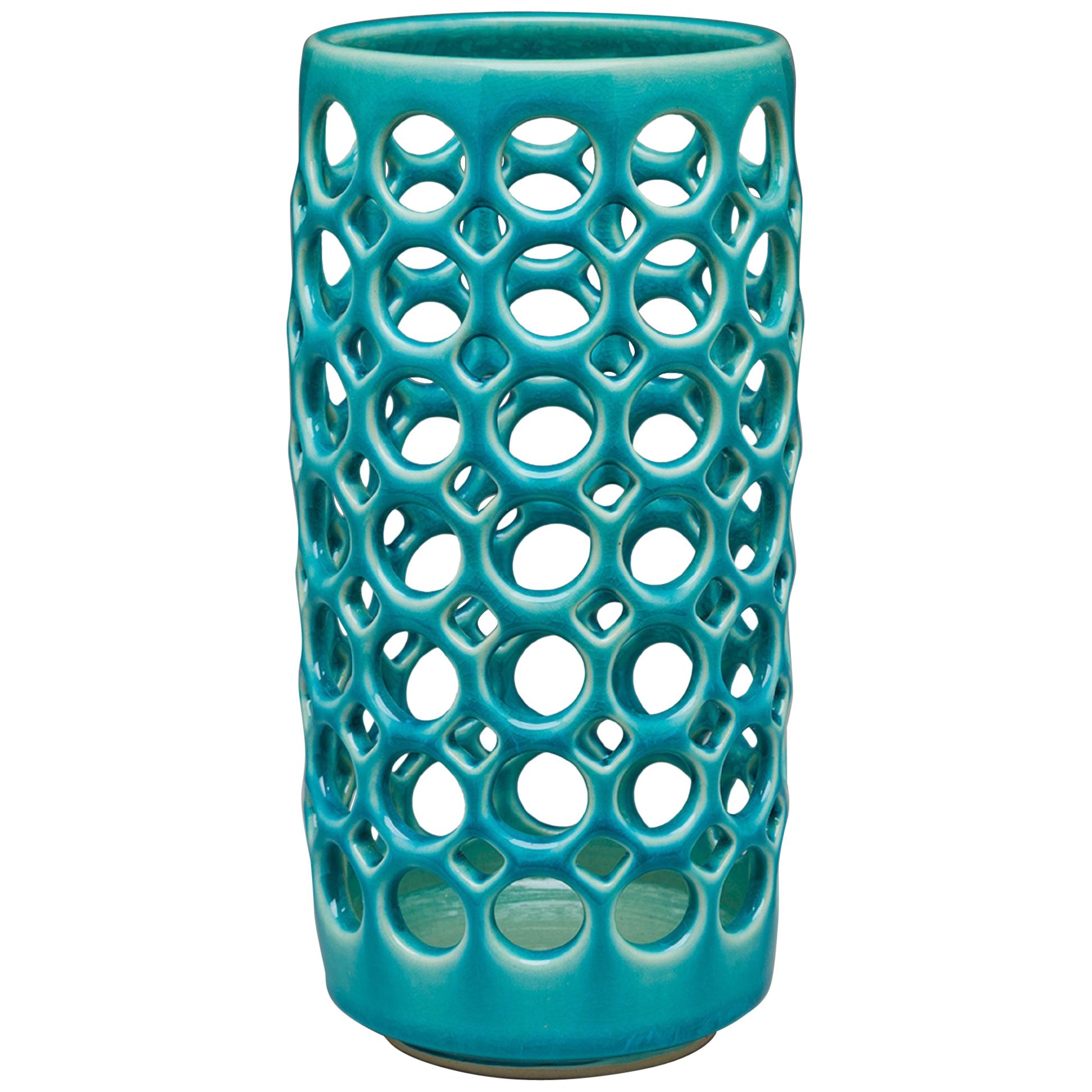 Pierced Turquoise Column Vessel/Candleholder For Sale