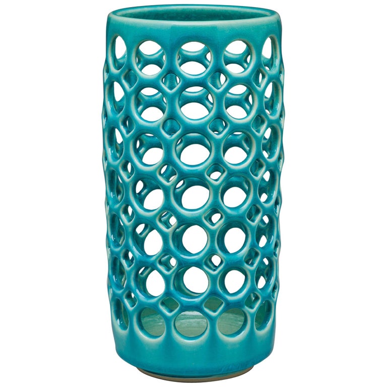 Pierced Turquoise Column Vessel/Candleholder For Sale