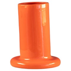 Cylindrical vase and countersunk base in orange ceramic 1970