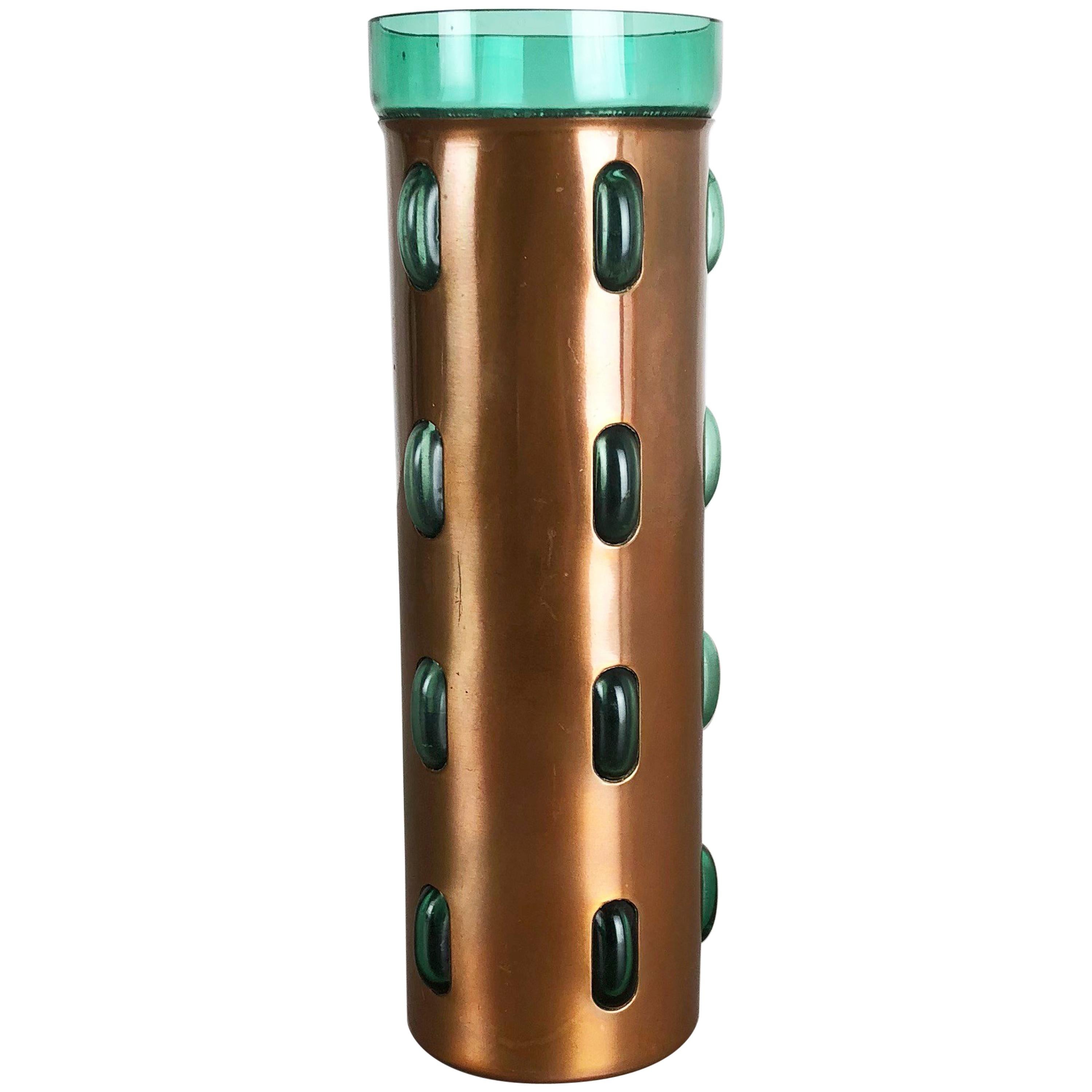 Cylindrical Vase in Green Glass and Copper by Nanny Still for RAAK, 1970s