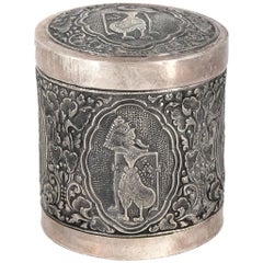Cylindrical Vessel with Indonesian Lid in Repoussé Silver