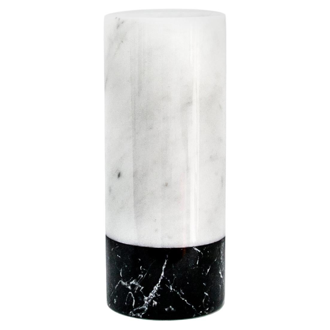 Handmade Cylindrical White Carrara Marble Vase with Black Marquina Bottom Stripe For Sale