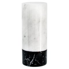 Handmade Cylindrical White Carrara Marble Vase with Black Marquina Bottom Stripe