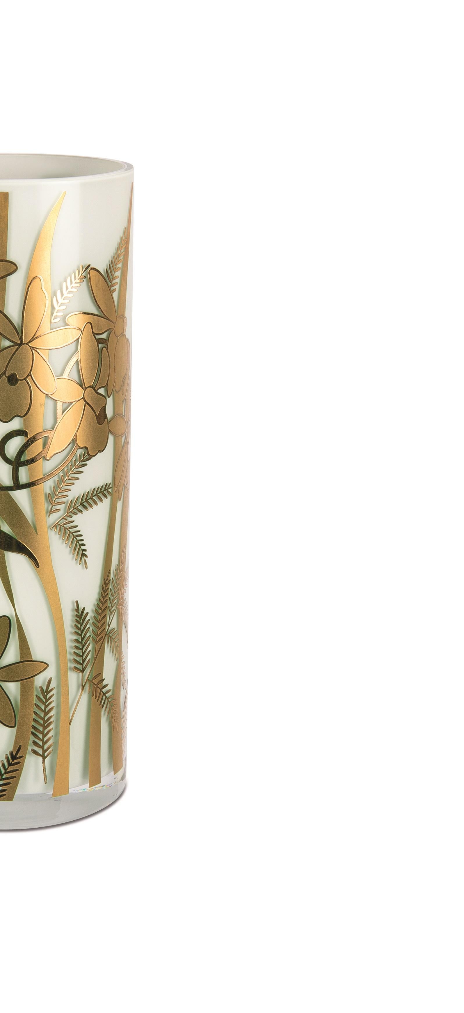 Hand-Crafted Cylindrical White and Gold Handmade Italian Glass Vase For Sale