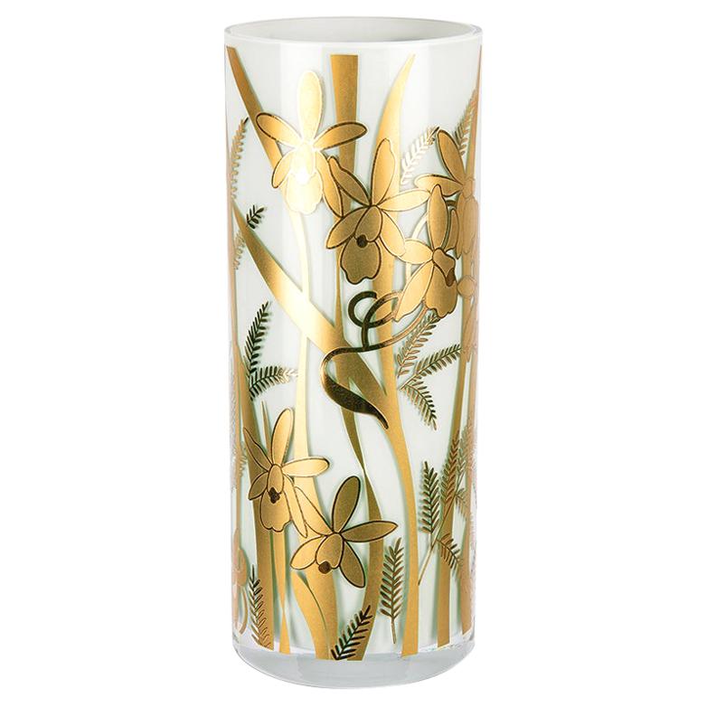 Cylindrical White and Gold Handmade Italian Glass Vase For Sale