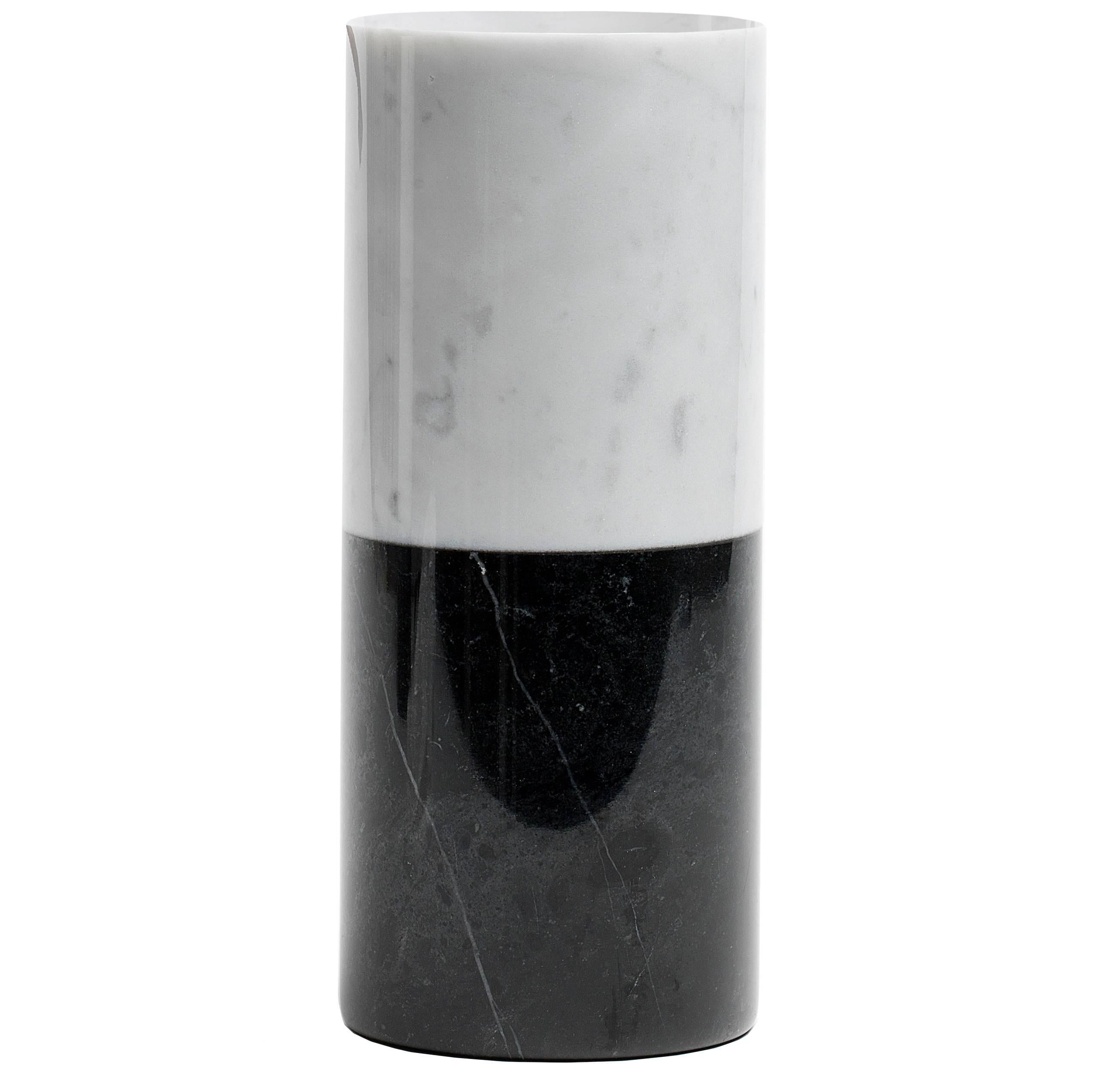 Handmade Cylindrical White Carrara Marble Vase with Black Marquina Marble Stripe