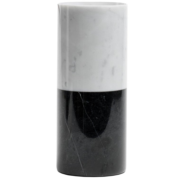 Handmade Cylindrical White Carrara Marble Vase with Black Marquina Marble Stripe For Sale