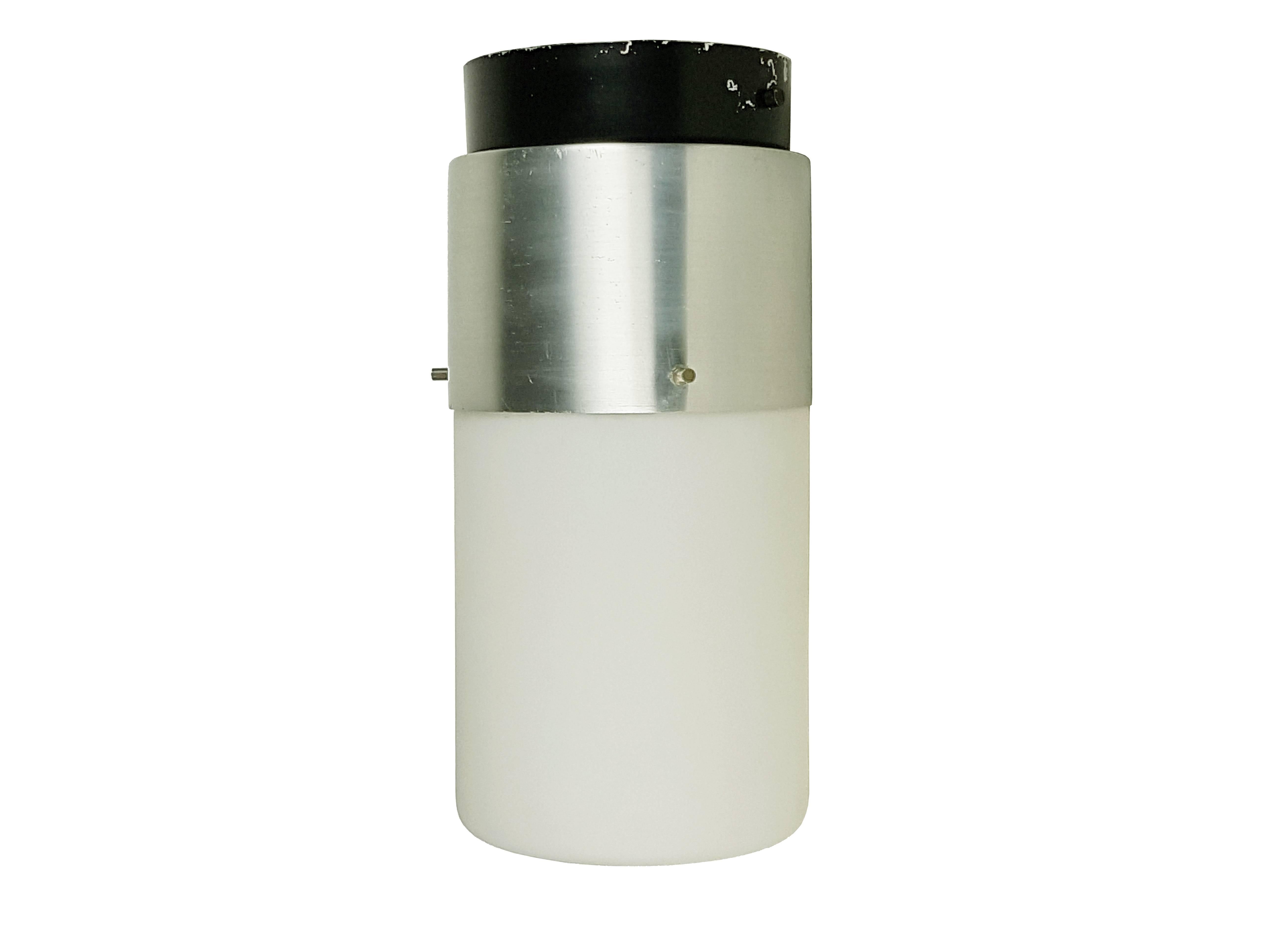 Mid-Century Modern Cylindrical White Glass and Black Aluminium 1950s Flush Mount Lamp by Stilnovo