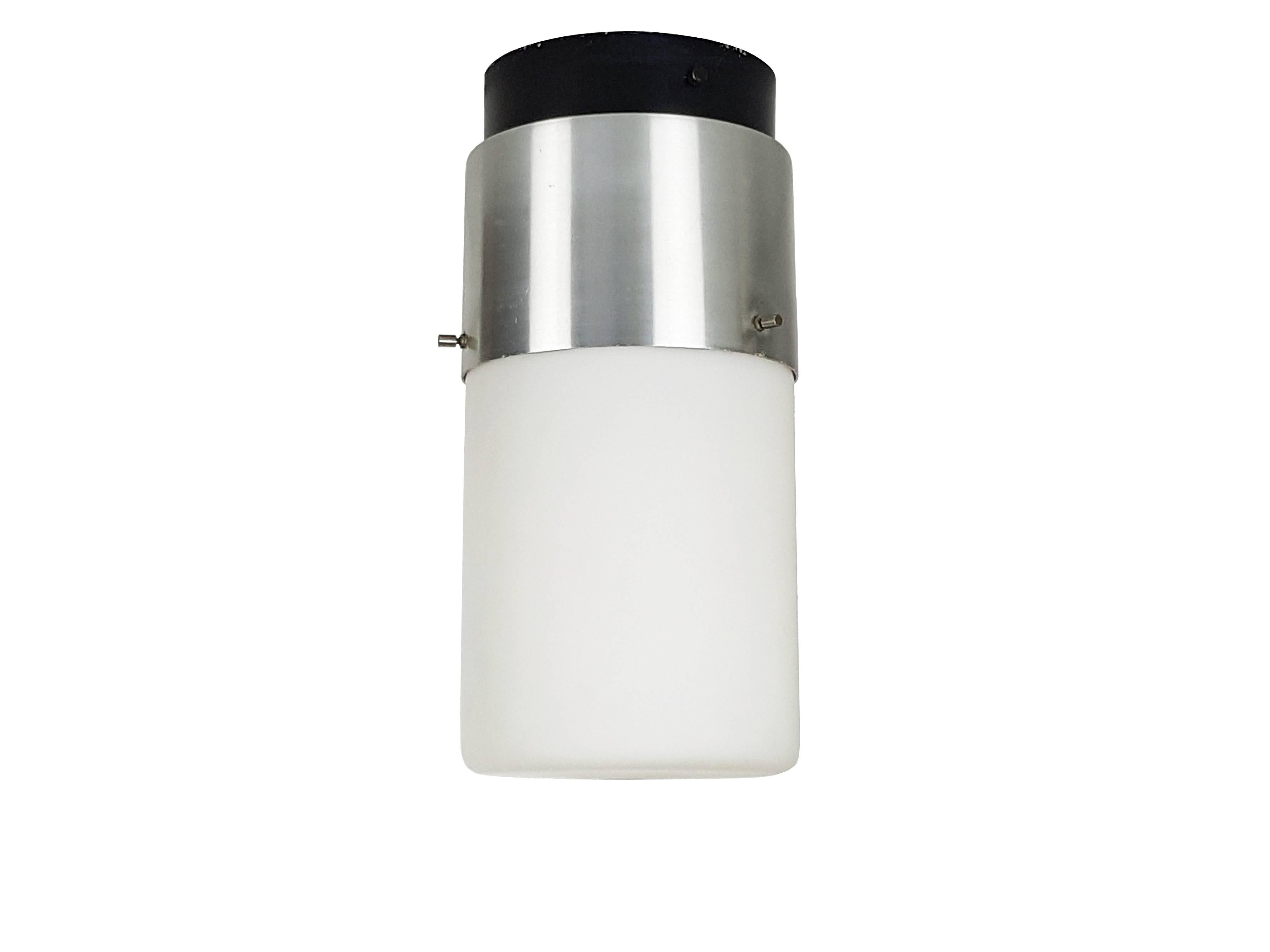 Mid-20th Century Cylindrical White Glass and Black Aluminium 1950s Flush Mount Lamp by Stilnovo