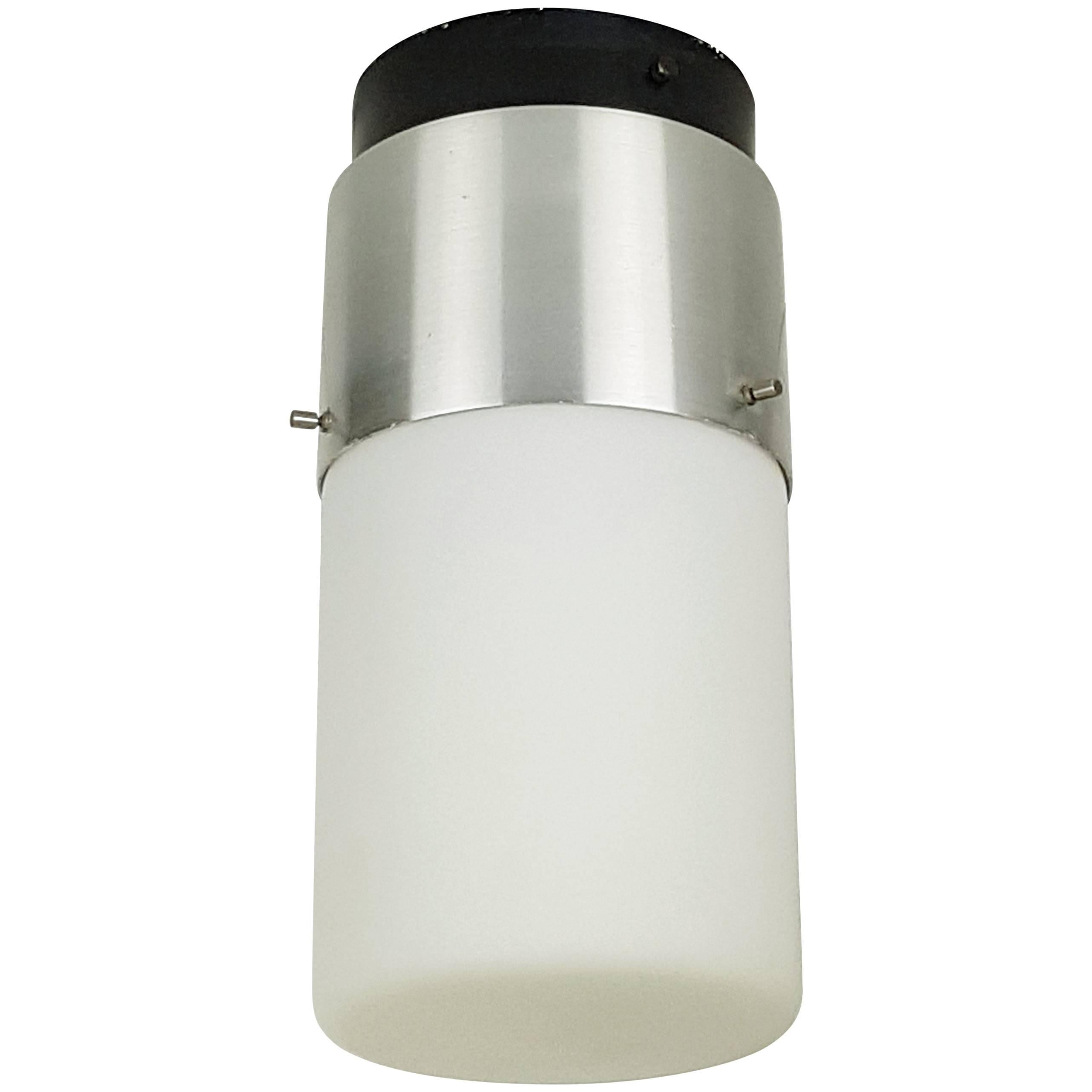 Cylindrical White Glass and Black Aluminium 1950s Flush Mount Lamp by Stilnovo