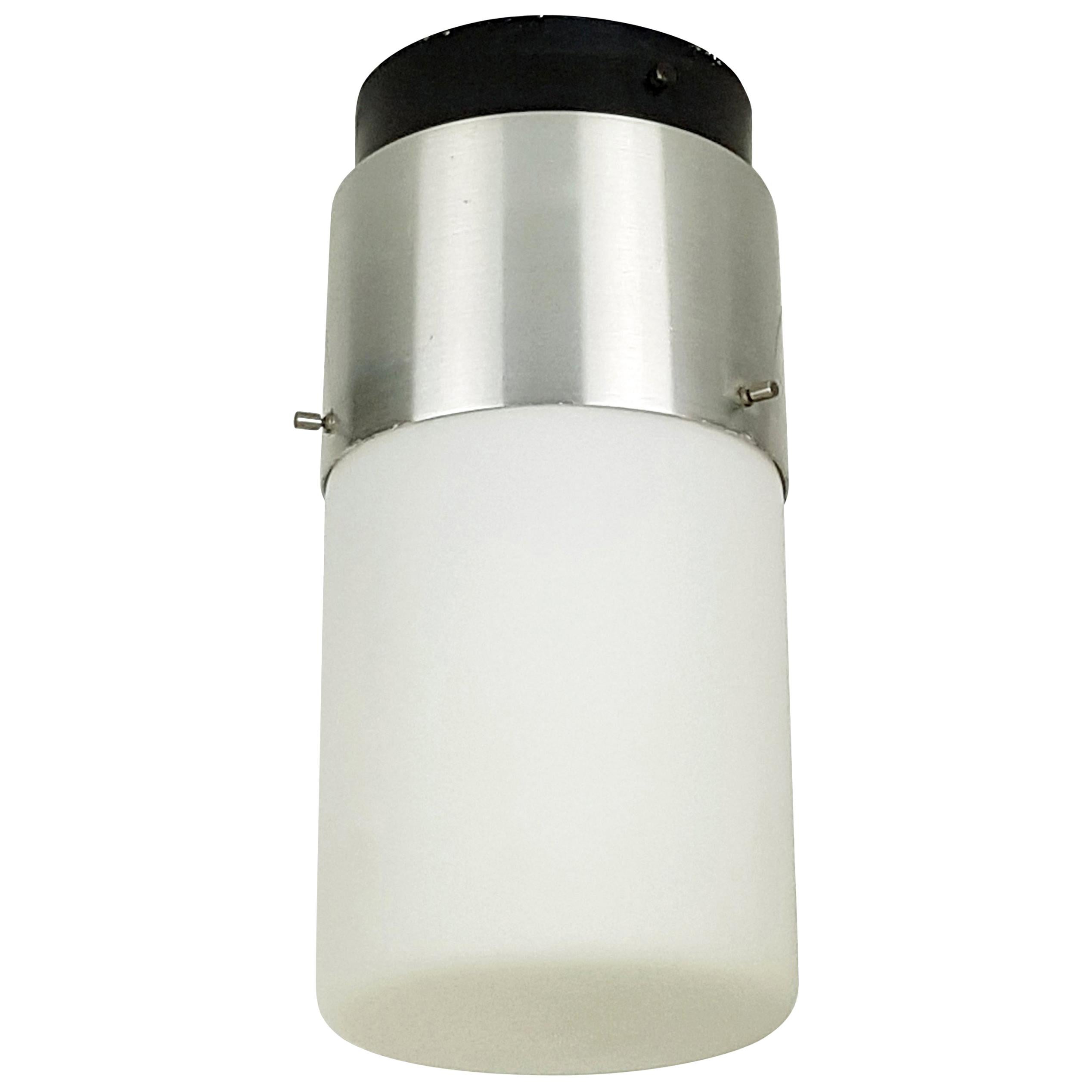 Cylindrical White Glass and Black Aluminium 1950s Flushmount Lamp by Stilnovo