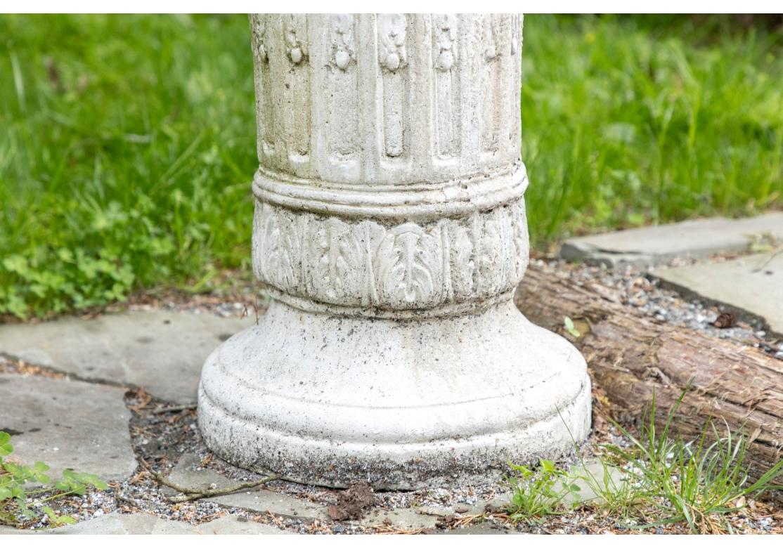 Cylindrical White Stone Carved Garden Pedestal In Distressed Condition For Sale In Bridgeport, CT