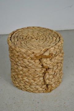 Cylindrical Woven Rush Stool or Footrest, Audoux & Minet, France, 1950s