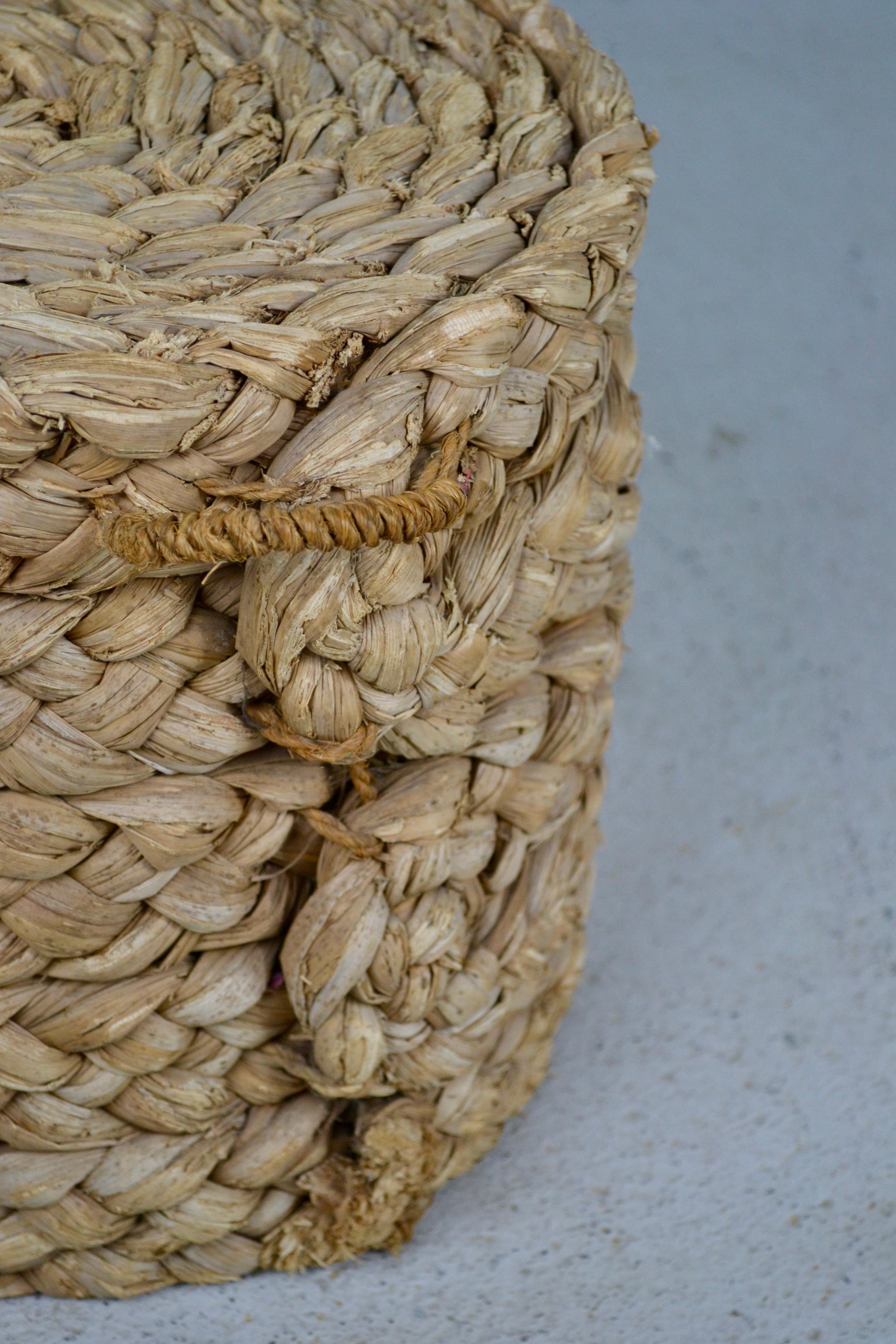 Mid-Century Modern Cylindrical Woven Rush Stool or Footrest, Audoux & Minet, France, 1950s For Sale