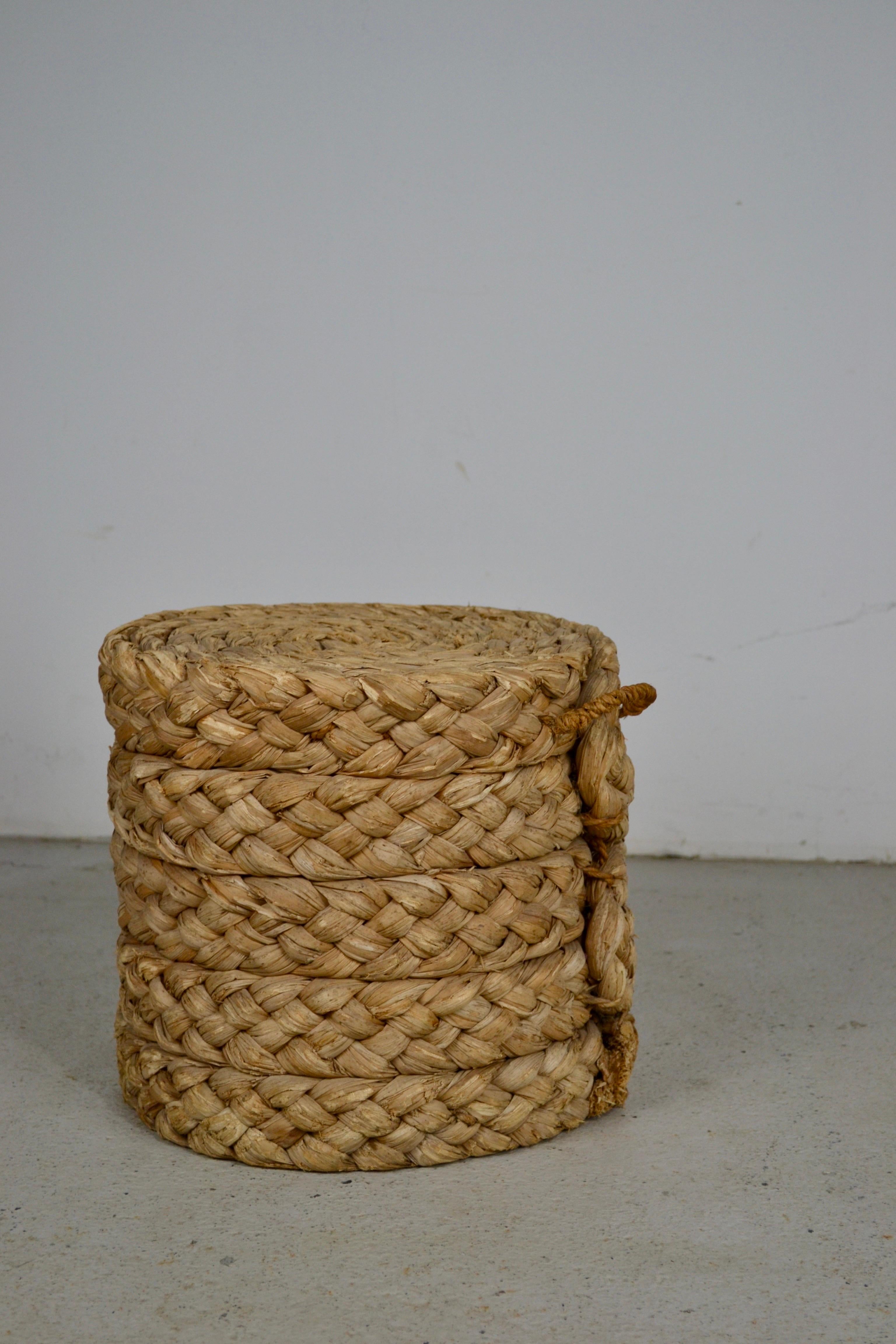 Mid-20th Century Cylindrical Woven Rush Stool or Footrest, Audoux & Minet, France, 1950s For Sale