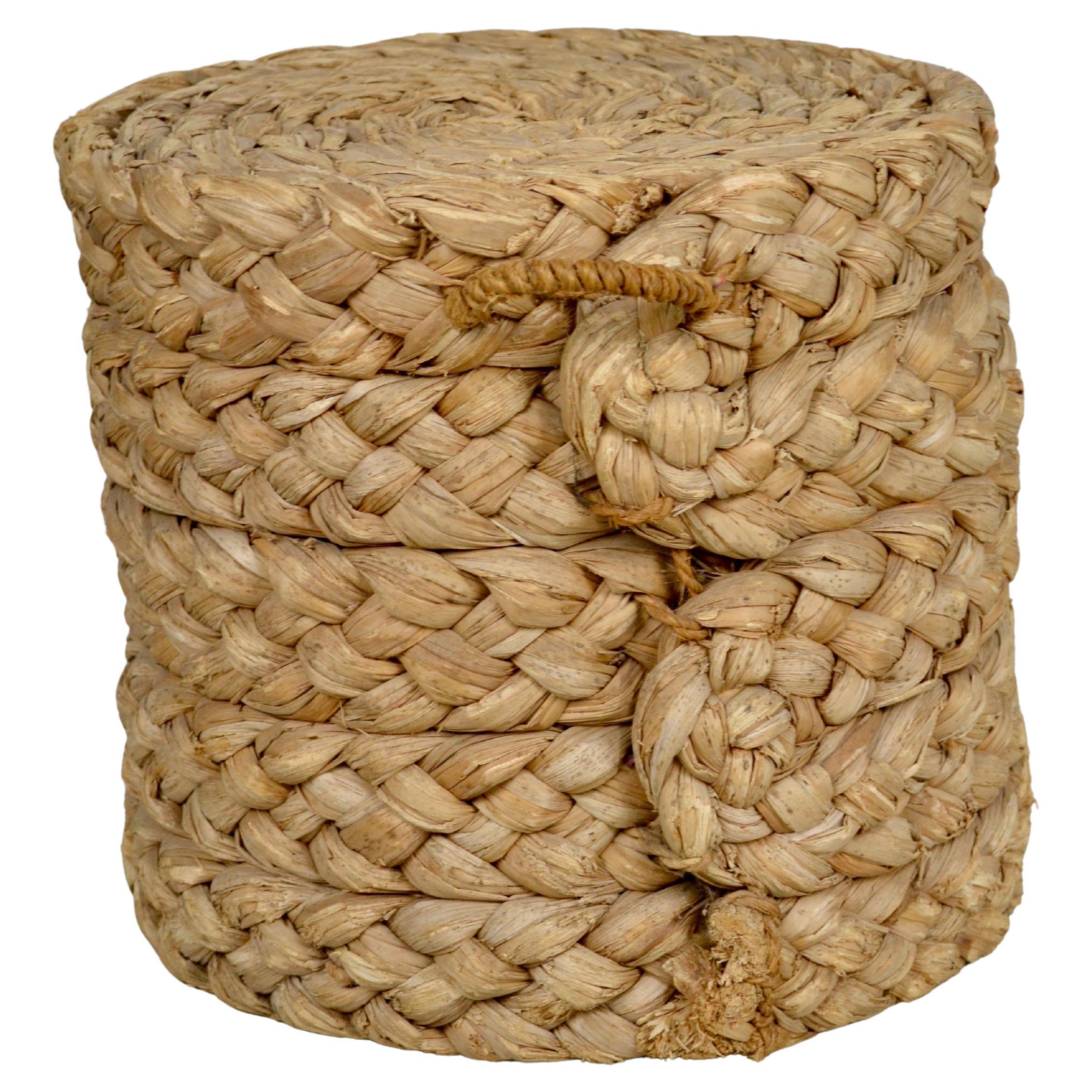 Cylindrical Woven Rush Stool or Footrest, Audoux & Minet, France, 1950s For Sale