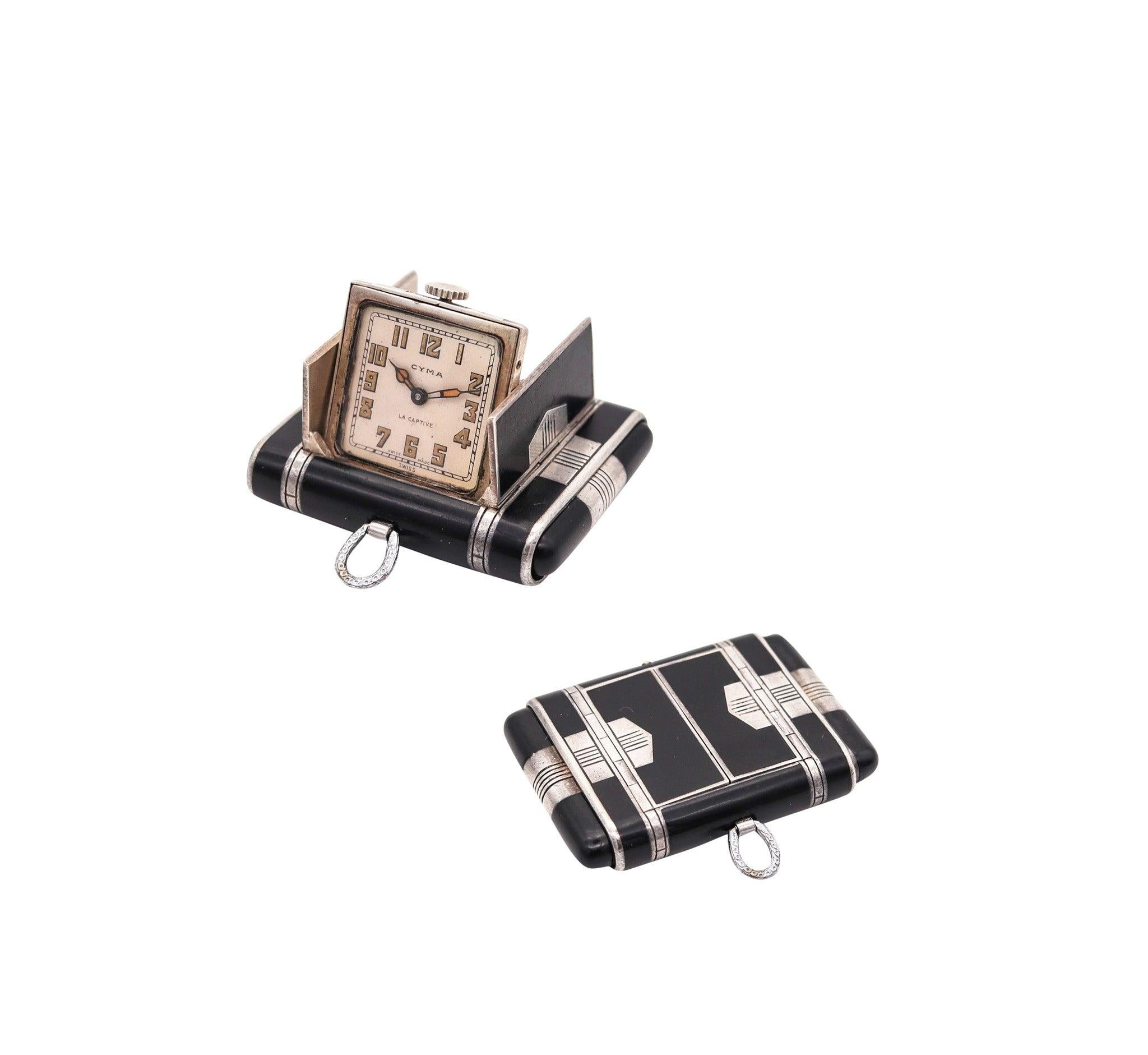 CYMA 1929 Art Deco Enameled La Captive Squeeze Travel Clock In .925 Sterling For Sale 5