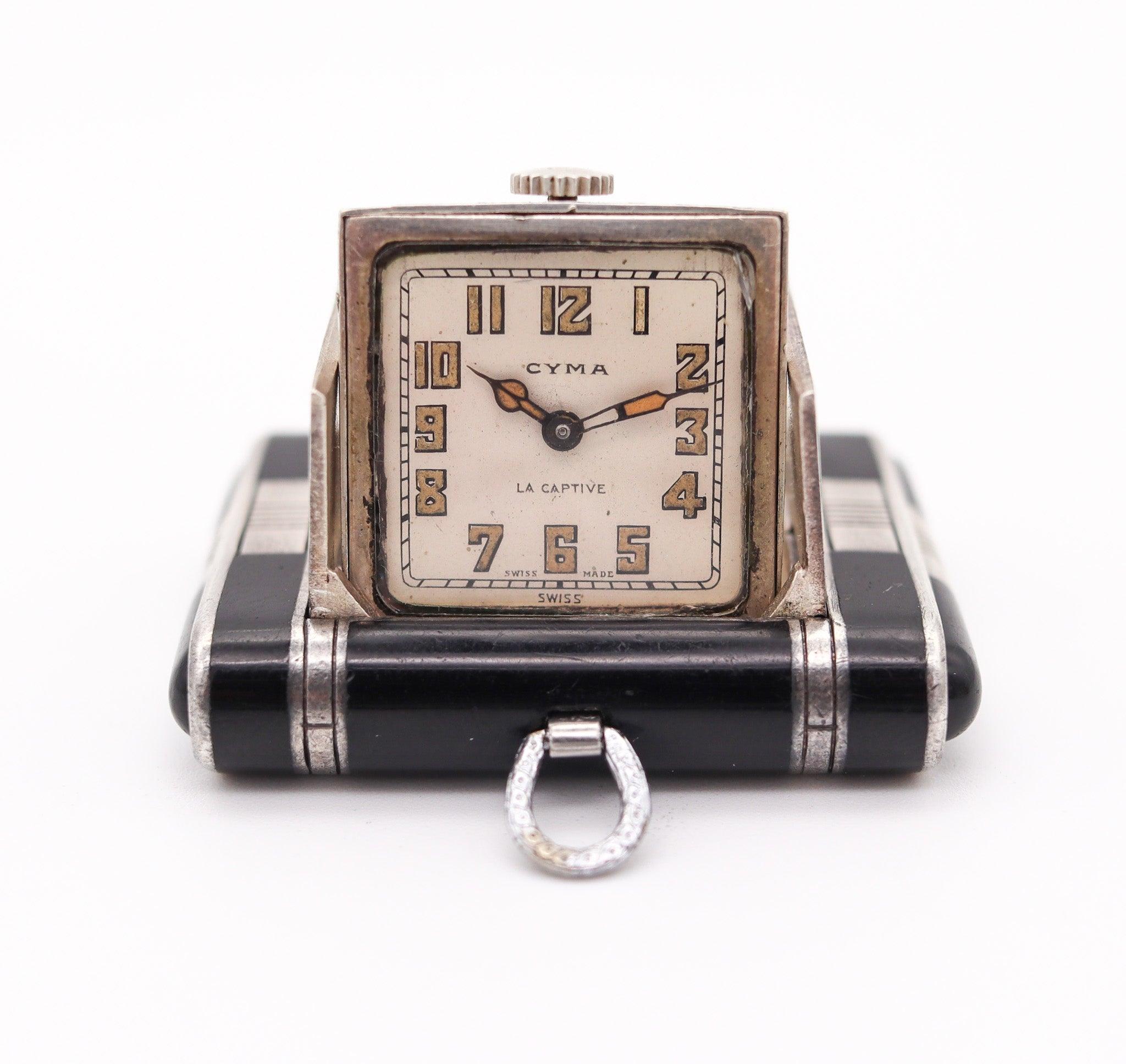 Swiss CYMA 1929 Art Deco Enameled La Captive Squeeze Travel Clock In .925 Sterling For Sale