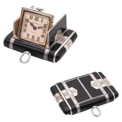 Antique CYMA 1929 Art Deco Enameled La Captive Squeeze Travel Clock In .925 Sterling