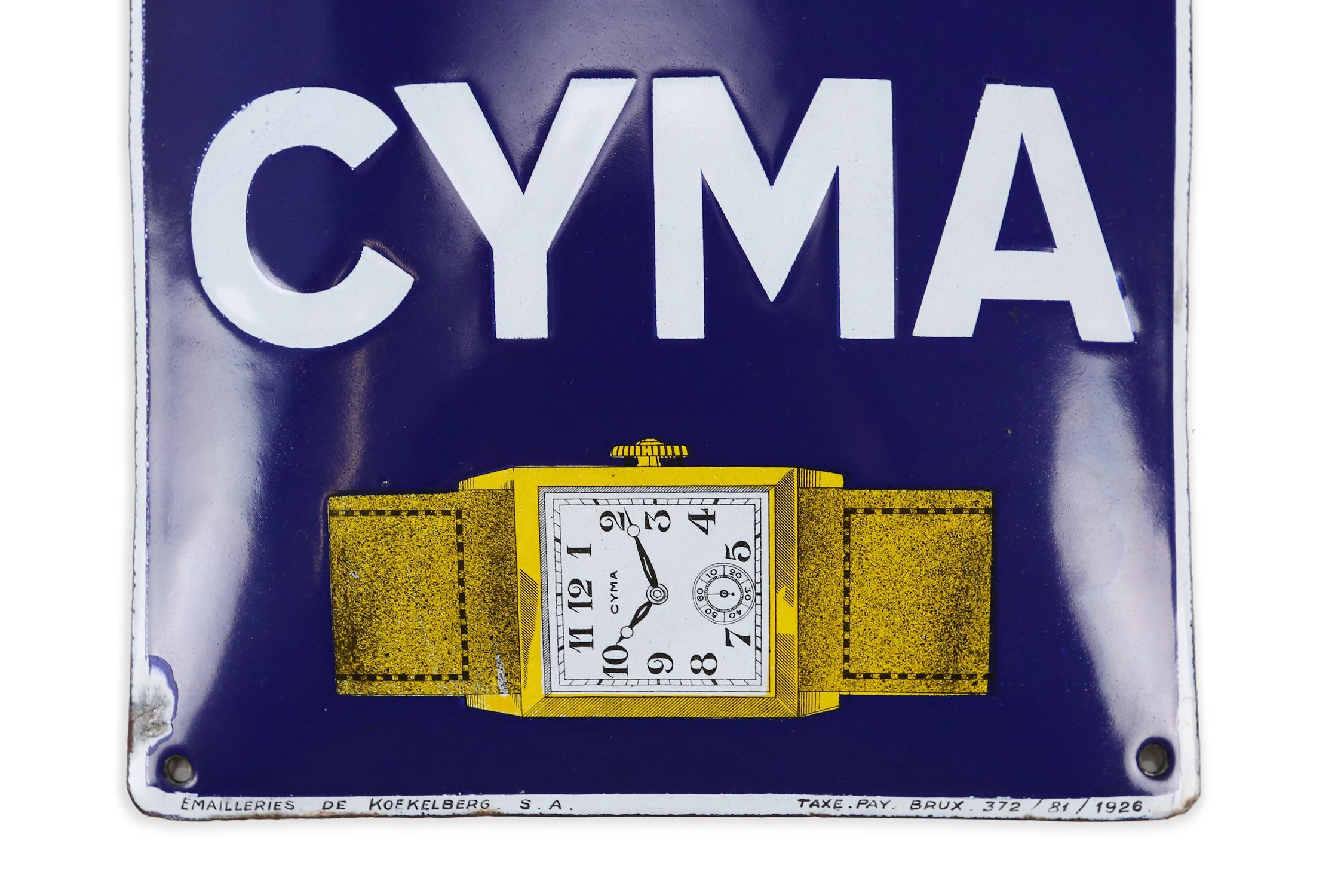 Enamel advertising sign of the Watch brand Cyma.
Made and dated in 1926.
In a great condition and colors seen the age.