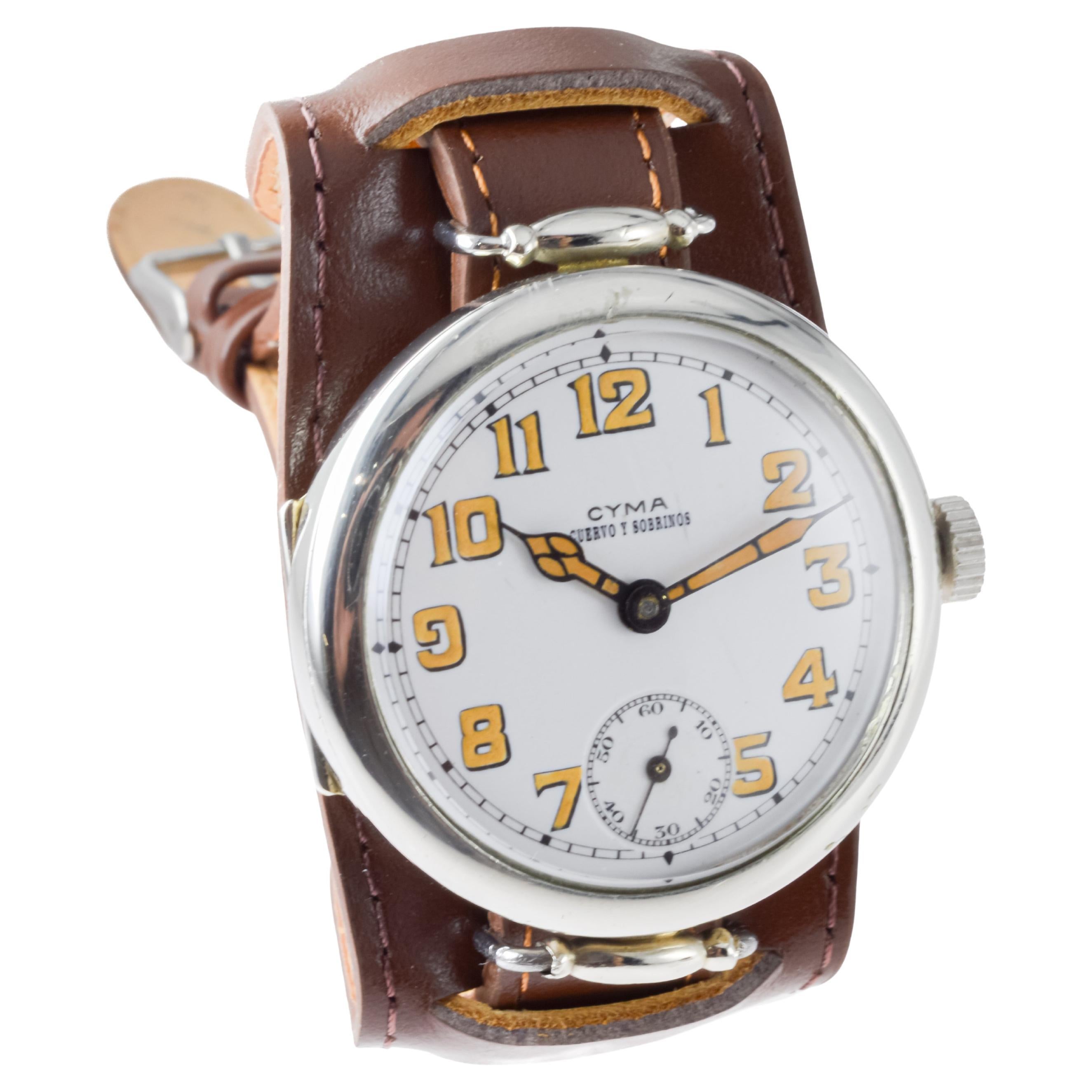 Cyma Nickel Campaign Style Trench Watch circa 1915 with Original Kiln Fired Dial 5