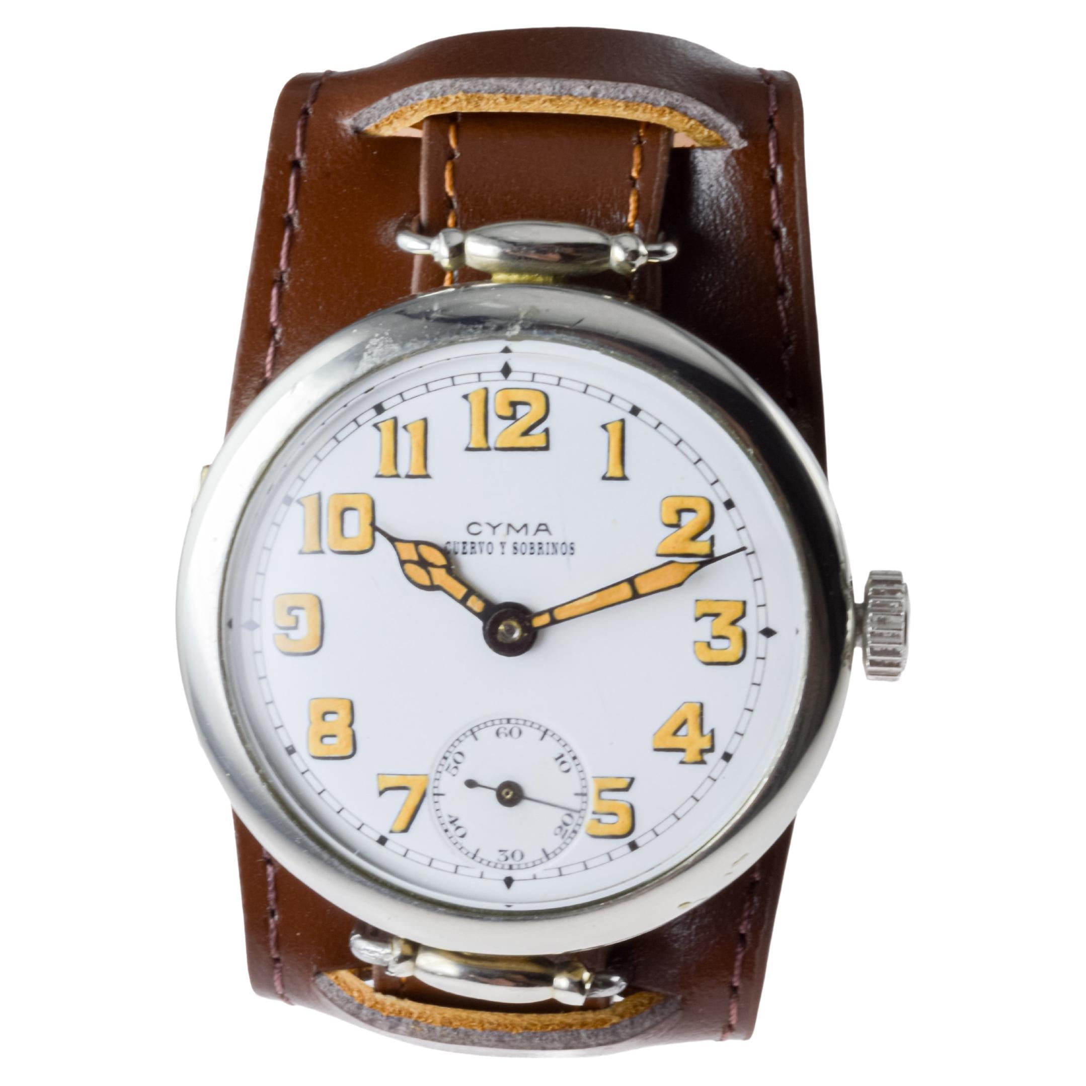 Cyma Nickel Campaign Style Trench Watch circa 1915 with Original Kiln Fired Dial 6