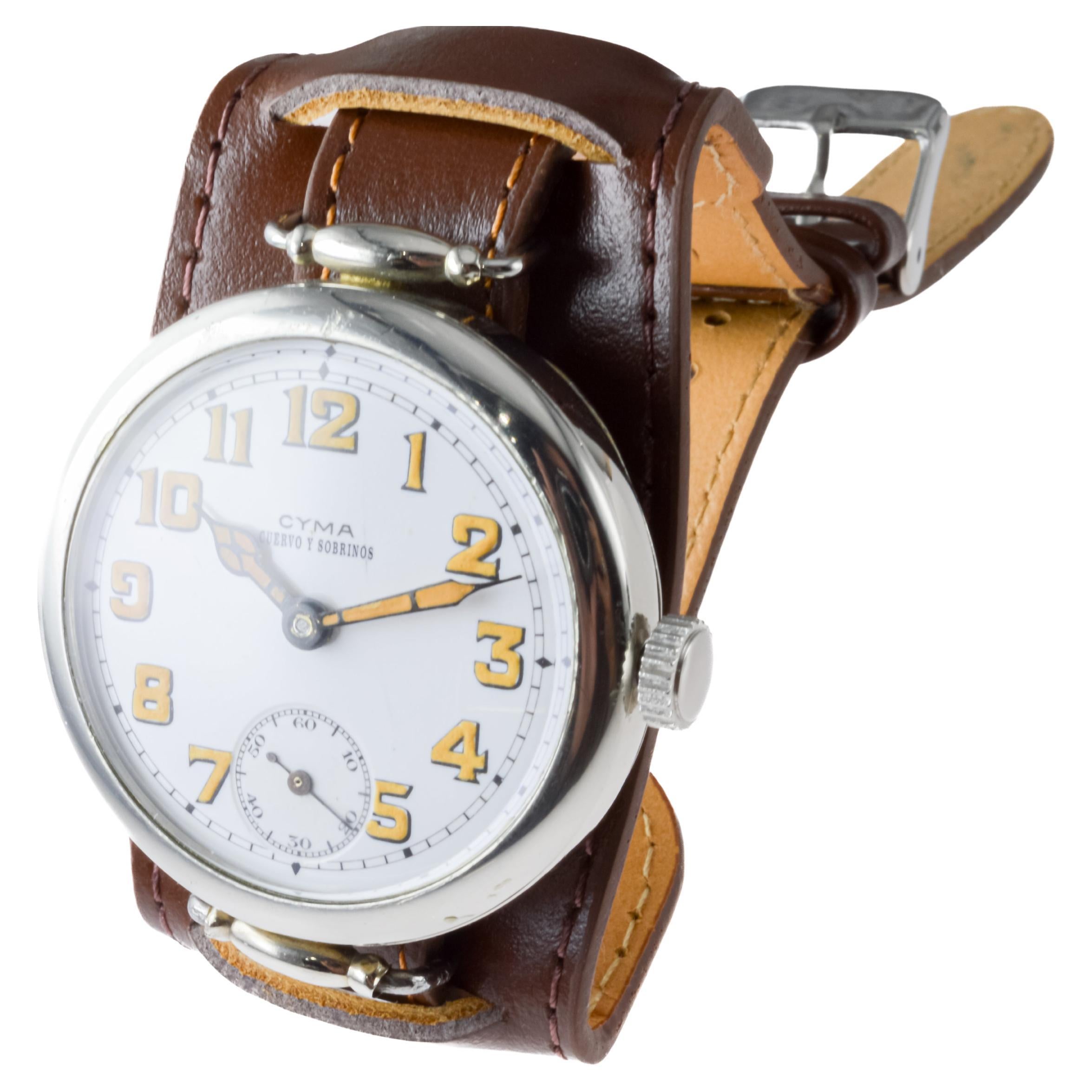 Cyma Nickel Campaign Style Trench Watch circa 1915 with Original Kiln Fired Dial 7