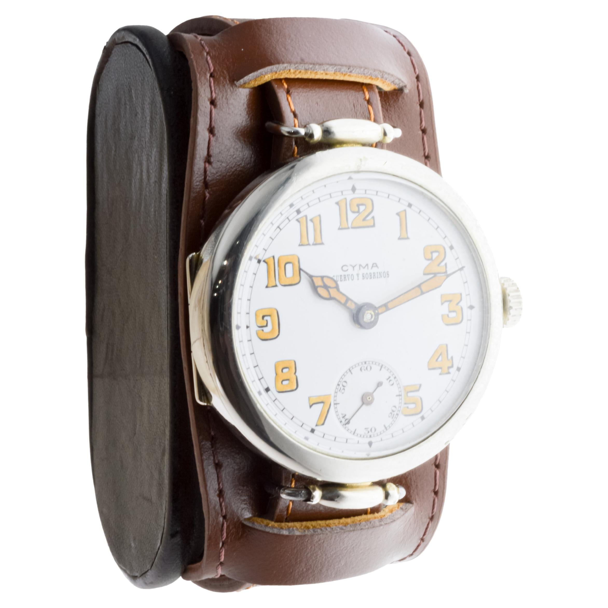 Post-War Cyma Nickel Campaign Style Trench Watch circa 1915 with Original Kiln Fired Dial
