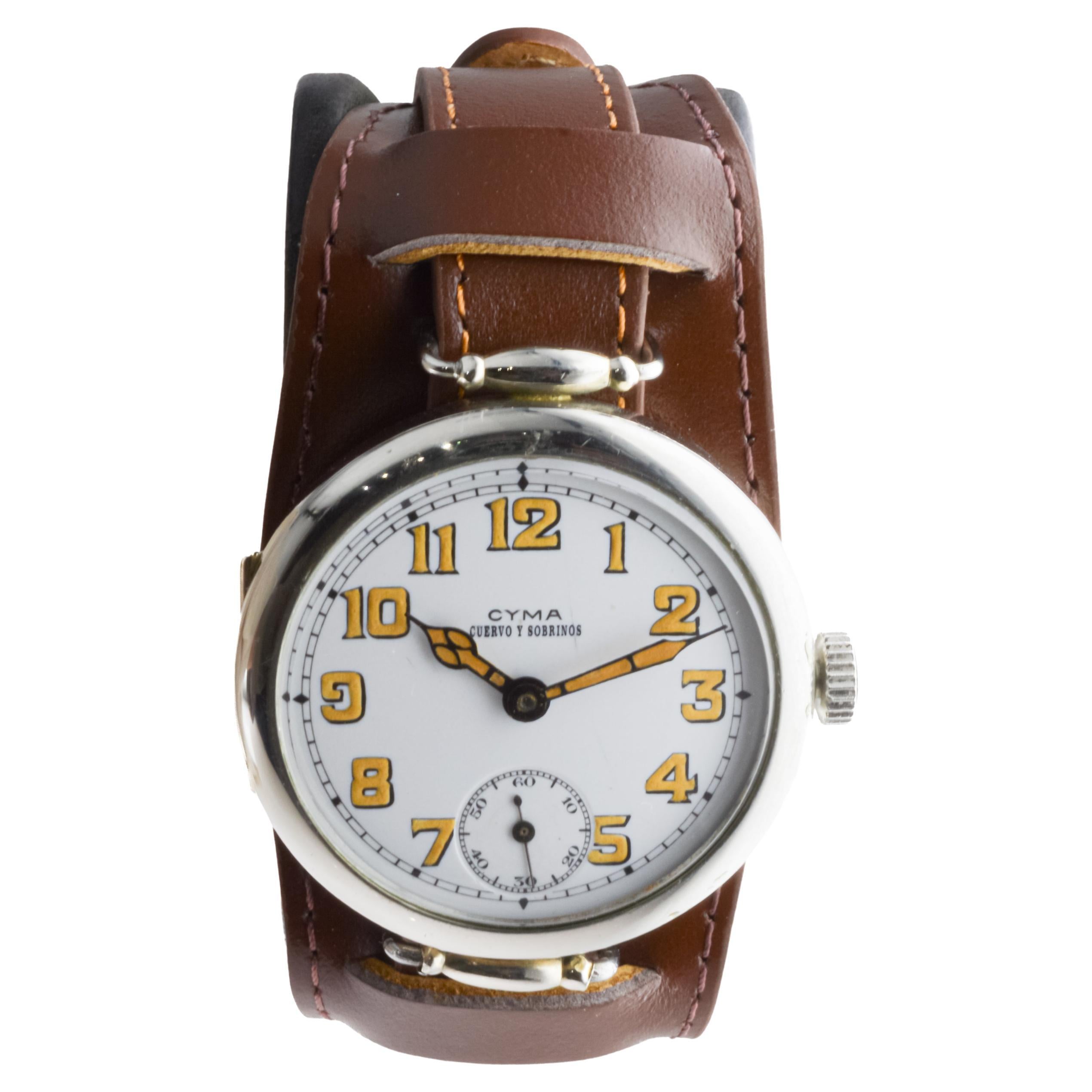Cyma Nickel Campaign Style Trench Watch circa 1915 with Original Kiln Fired Dial In Excellent Condition In Long Beach, CA