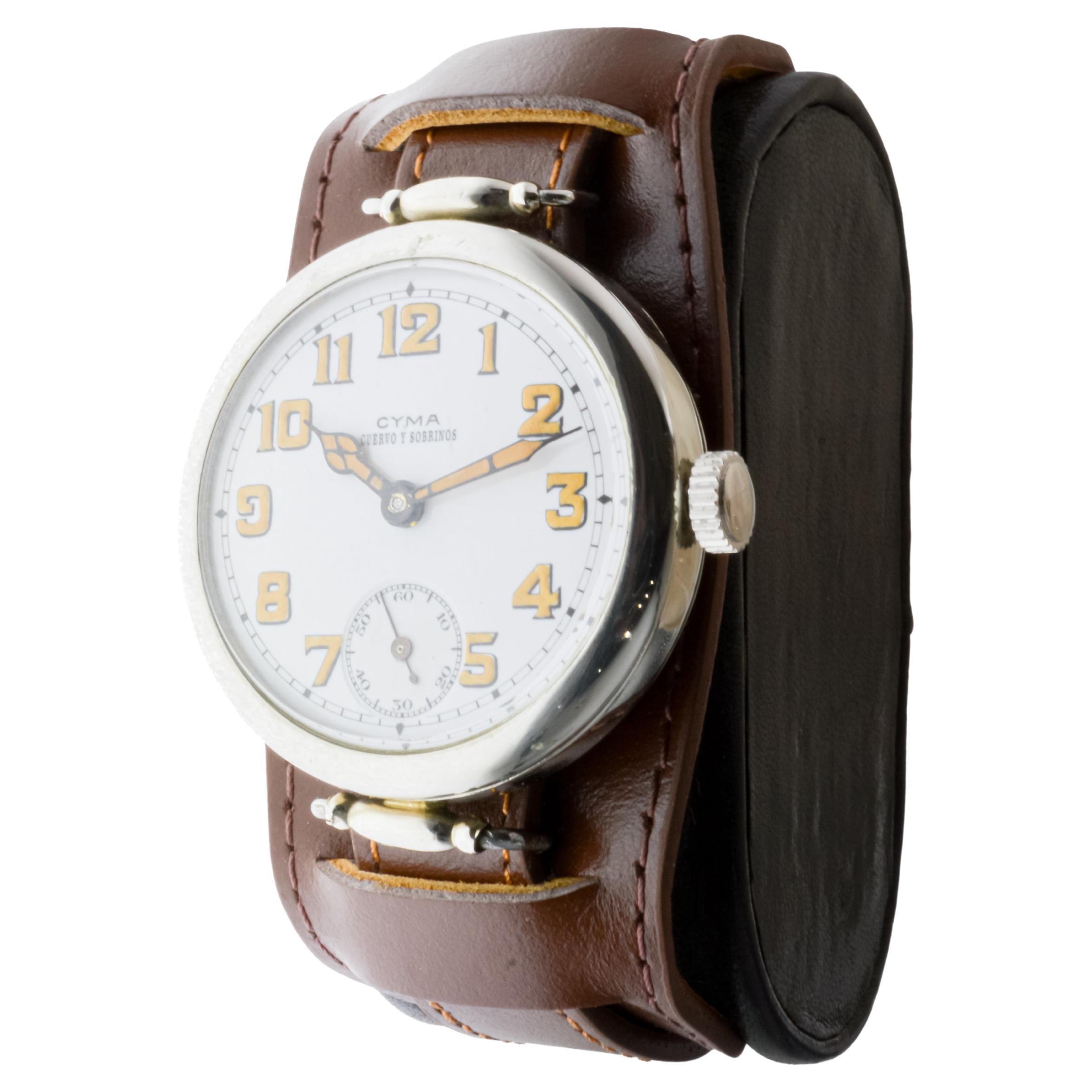 Women's or Men's Cyma Nickel Campaign Style Trench Watch circa 1915 with Original Kiln Fired Dial