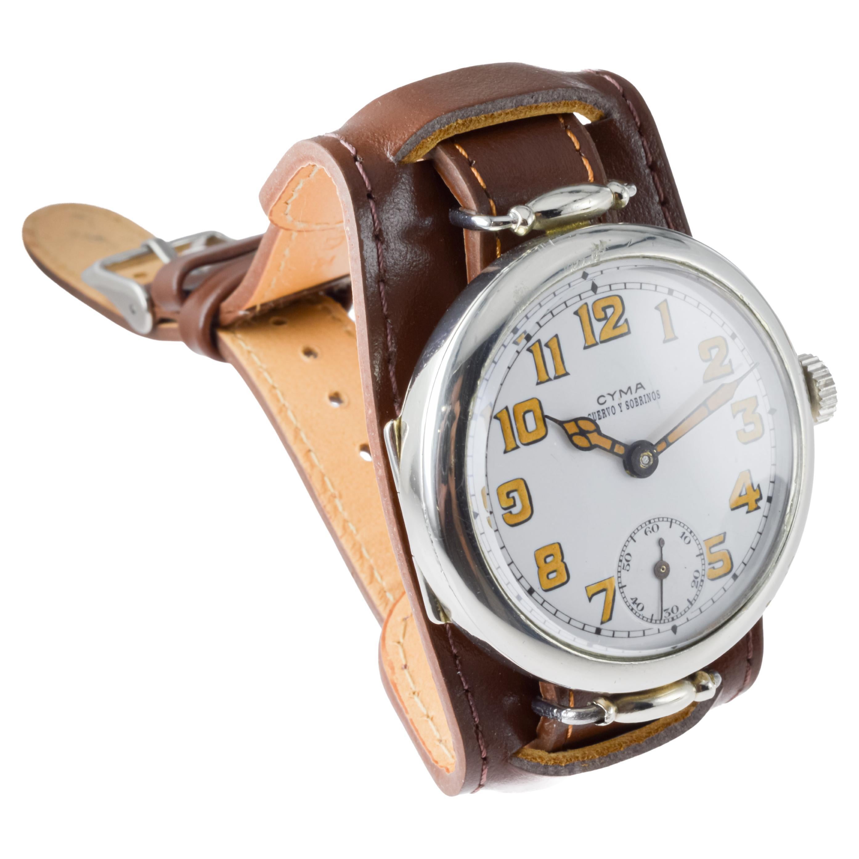 Cyma Nickel Campaign Style Trench Watch circa 1915 with Original Kiln Fired Dial 4