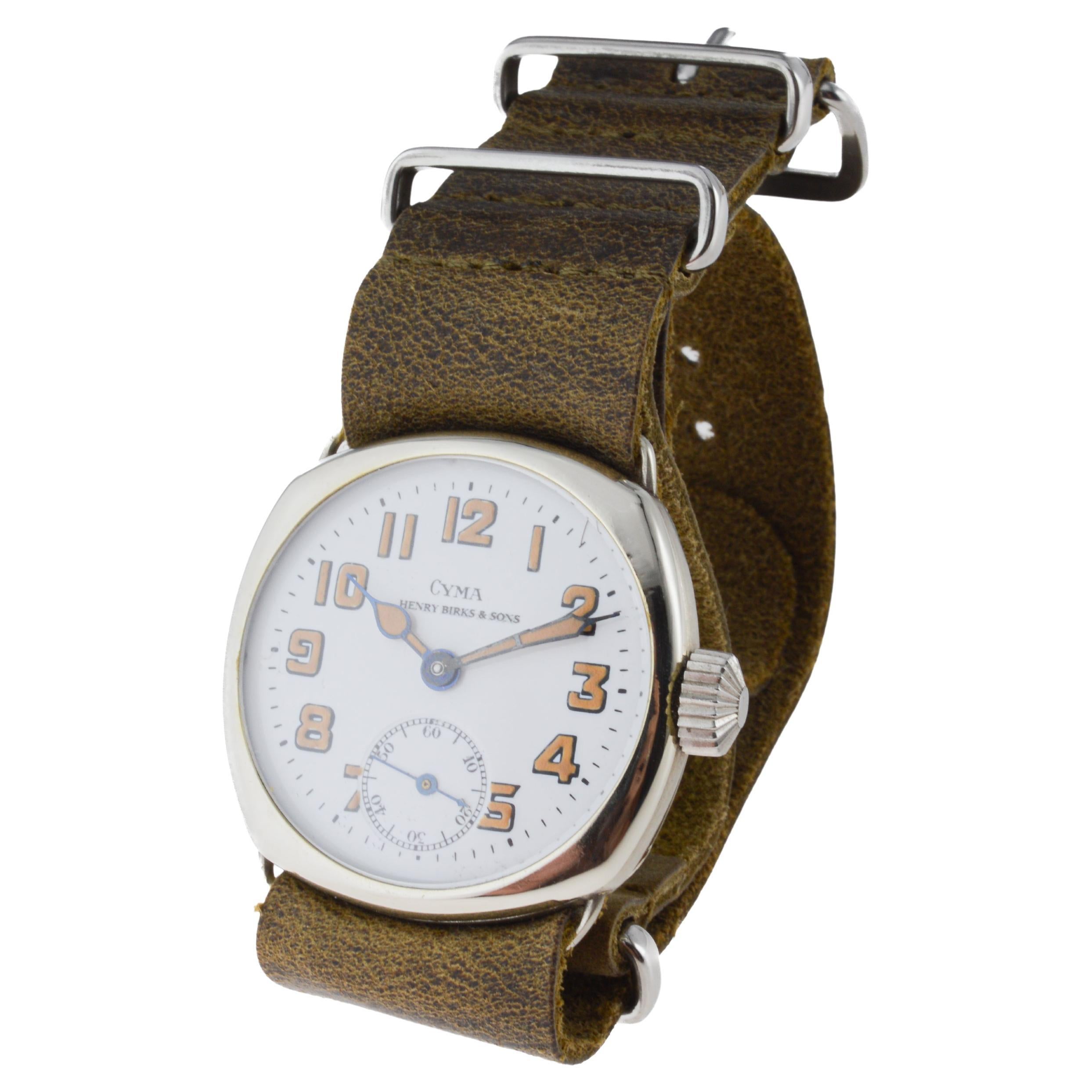 Montre de style Campaigner en nickel de Cyma avec cadran original en émail cuit au four 1915 5