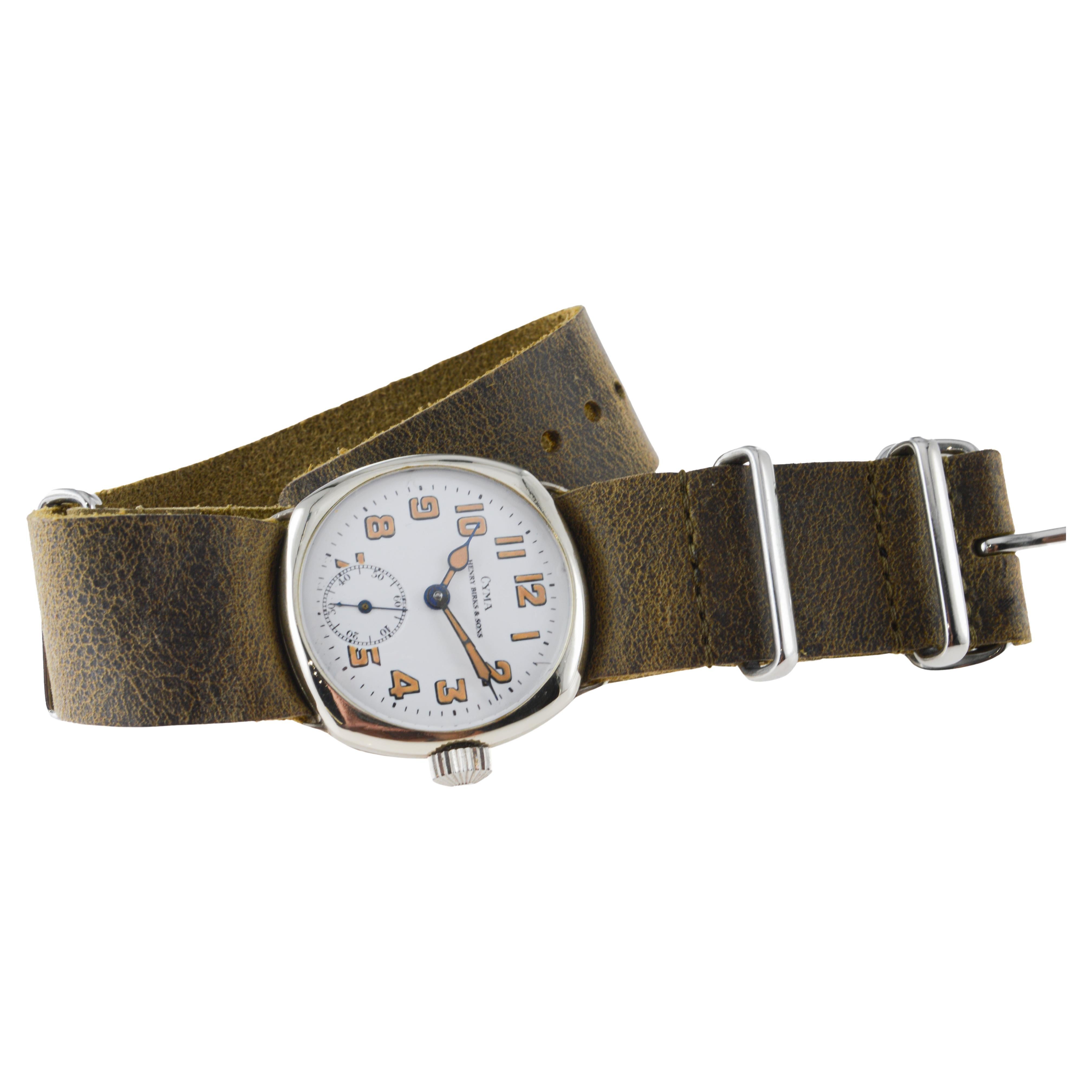 Montre de style Campaigner en nickel de Cyma avec cadran original en émail cuit au four 1915 7