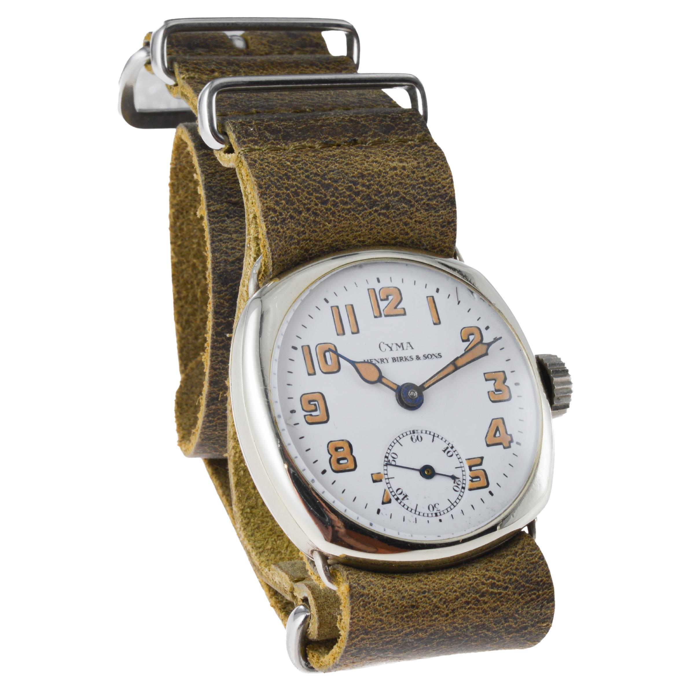 Montre de style Campaigner en nickel de Cyma avec cadran original en émail cuit au four 1915 2