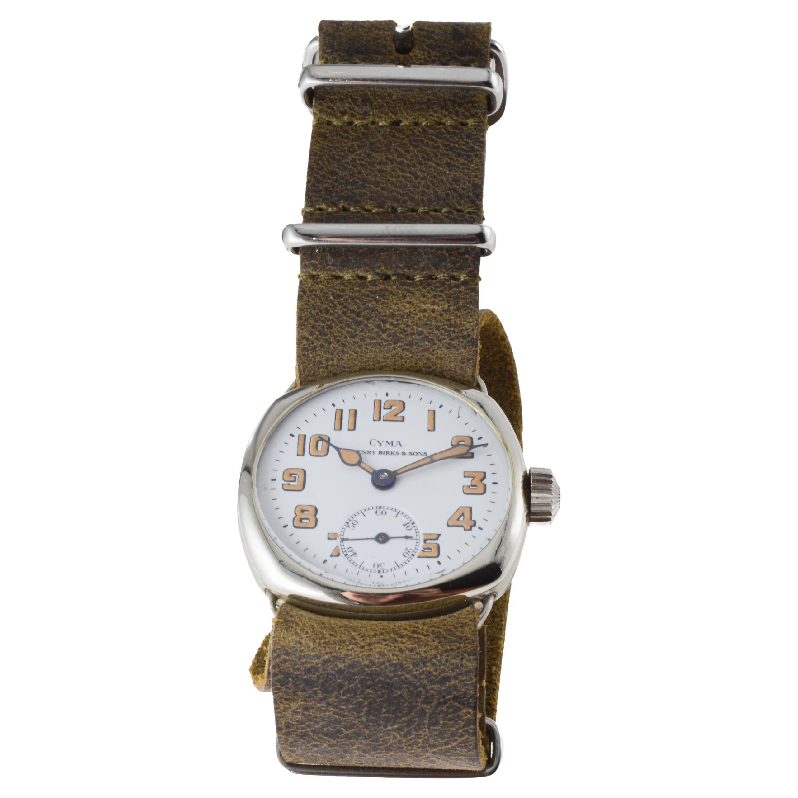 Montre de style Campaigner en nickel de Cyma avec cadran original en émail cuit au four 1915 3