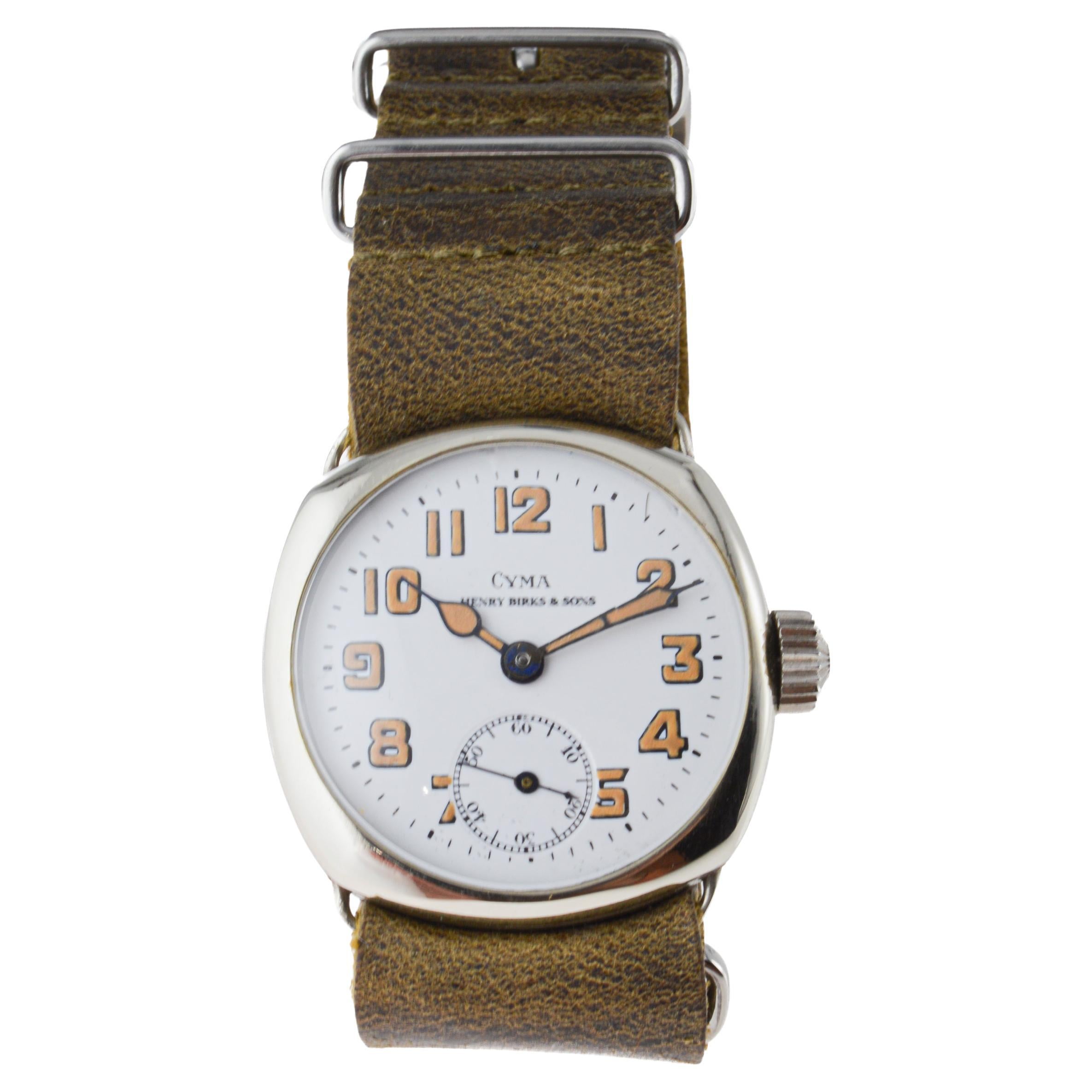 Montre de style Campaigner en nickel de Cyma avec cadran original en émail cuit au four 1915 4
