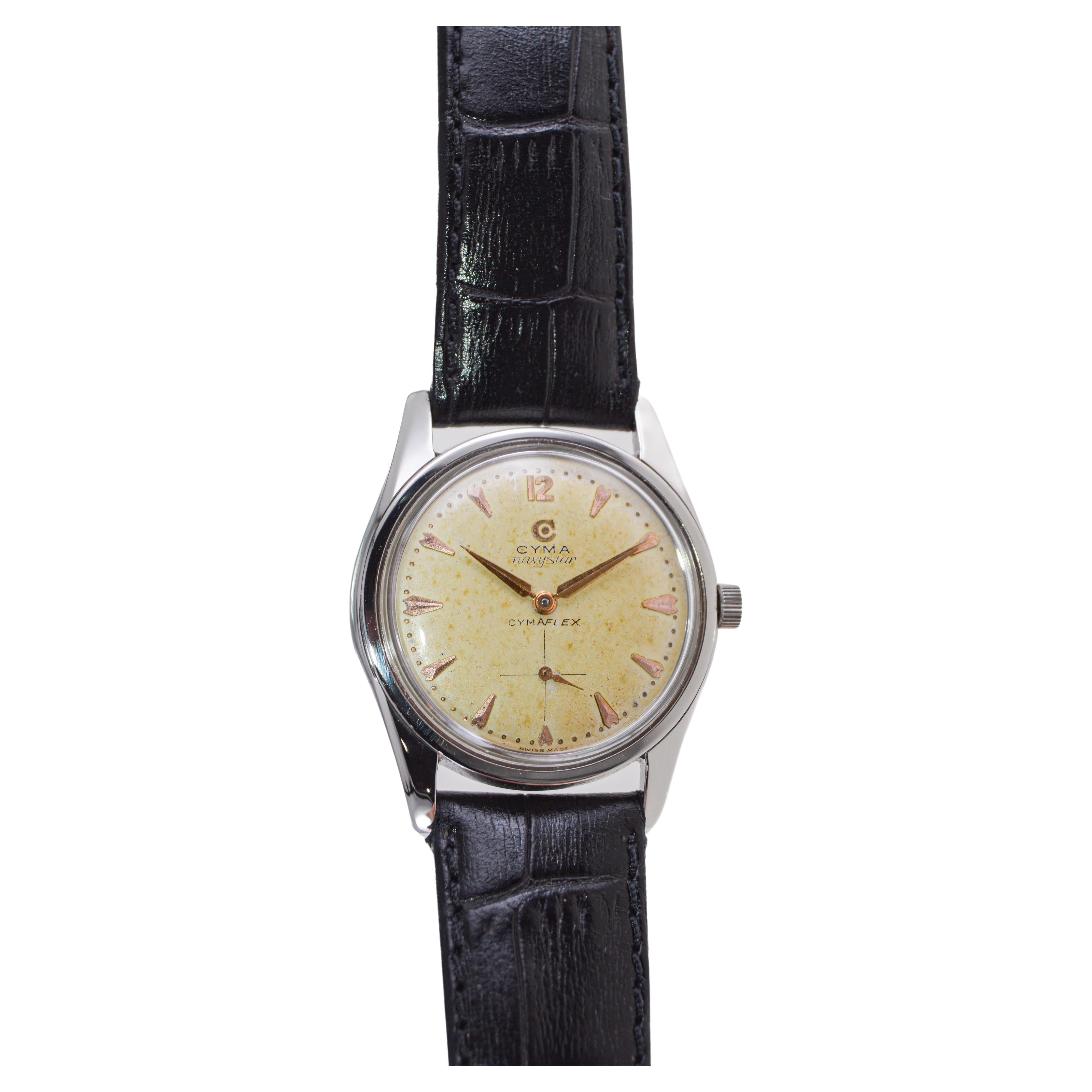 Étoile bleu marine Cyma en acier inoxydable avec cadran et poignées d'origine, années 1950 en vente 1