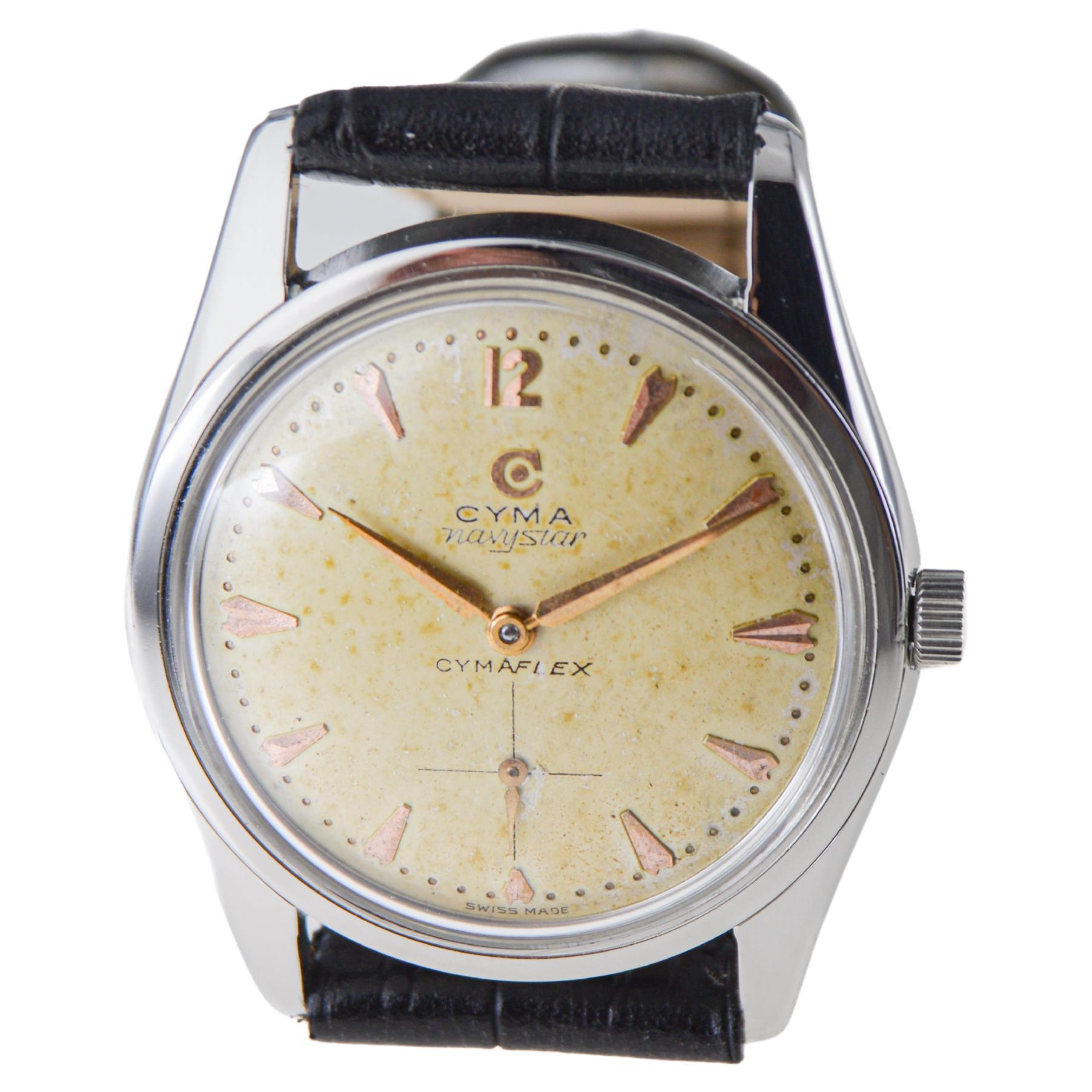 Étoile bleu marine Cyma en acier inoxydable avec cadran et poignées d'origine, années 1950 en vente 3