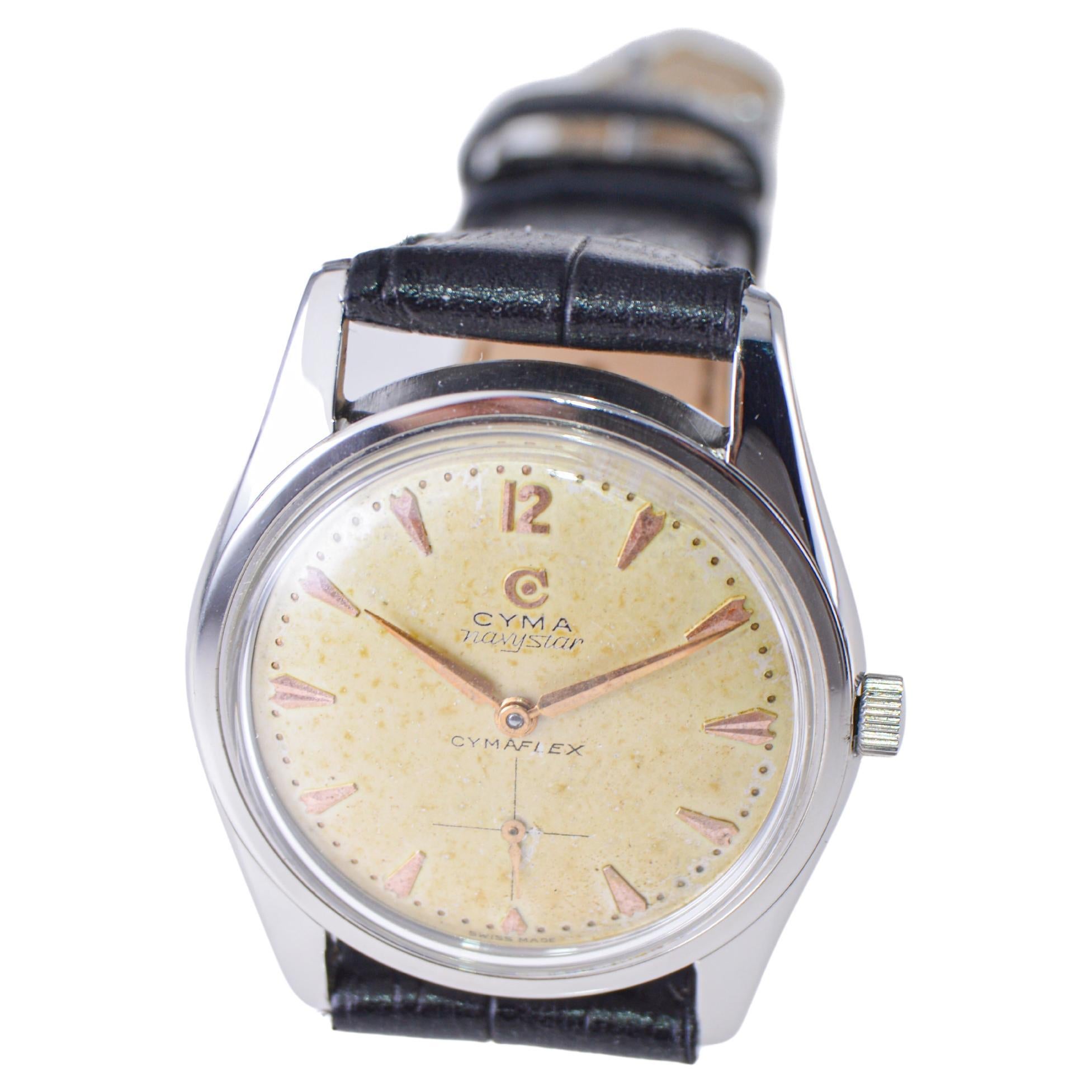 Étoile bleu marine Cyma en acier inoxydable avec cadran et poignées d'origine, années 1950 en vente 4