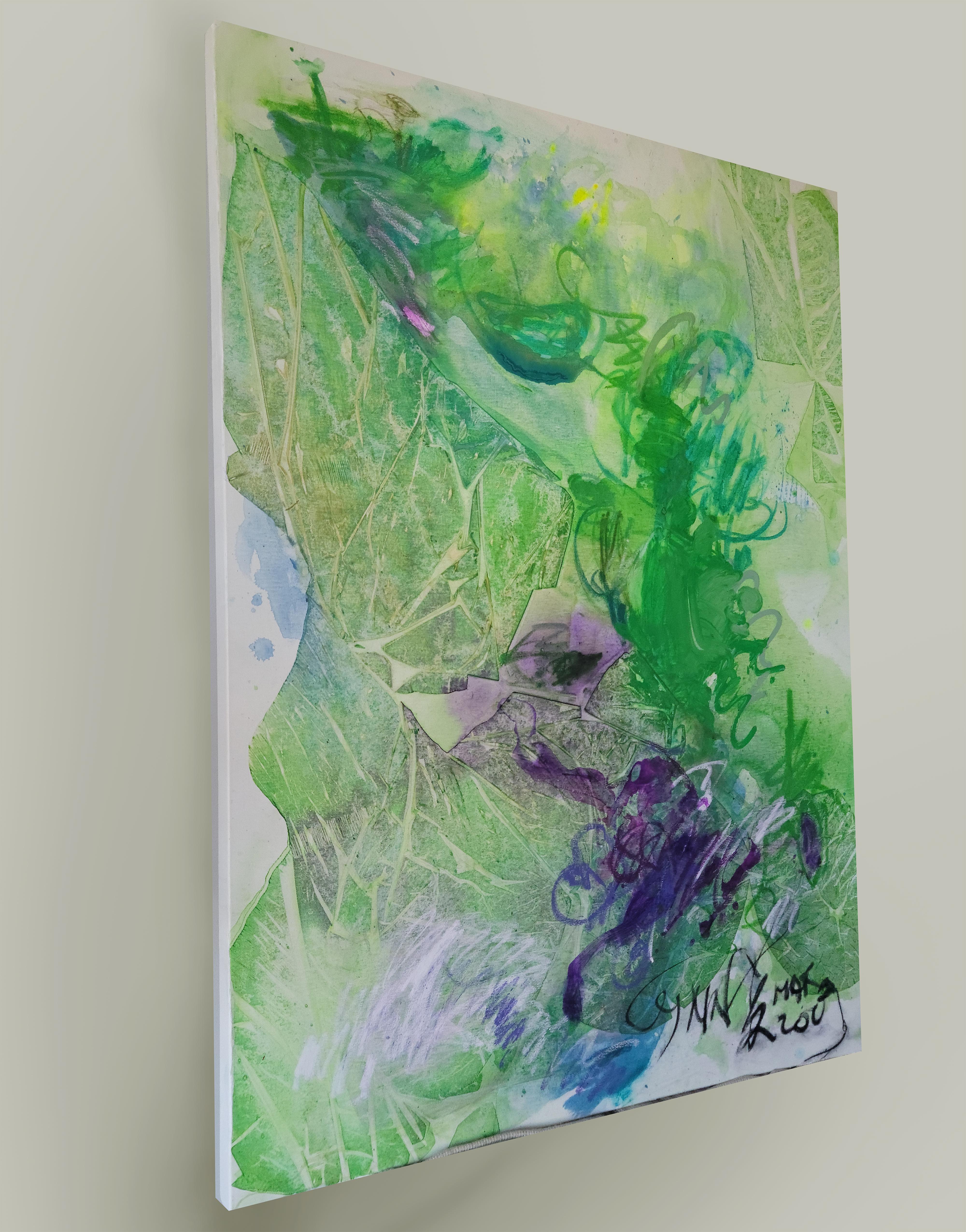 Cette peinture capture la beauté et la sérénité d'une scène verdoyante au petit matin.  Au centre de la toile, un haricot dodu repose.  Par ailleurs, ses contours, chaotiques mais invitants, sont rendus par des formes et des lignes de balayage,
