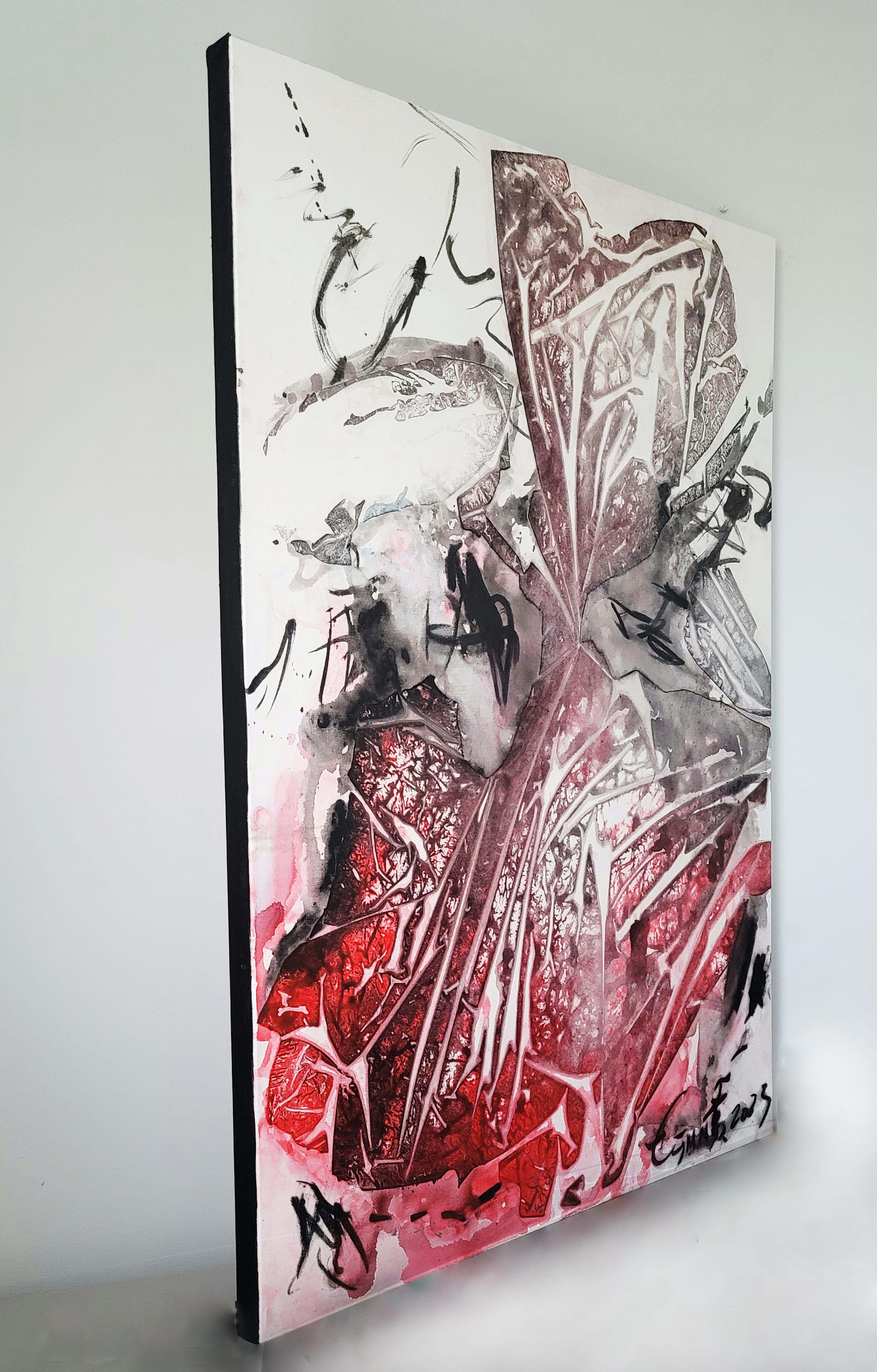 The vibrant red marks in this painting burst forth with passion and intensity, as if the heart is beating within the canvas.  The oblique composition and veining traces of breathing add a sense of movement and flow, as if the very essence of love is