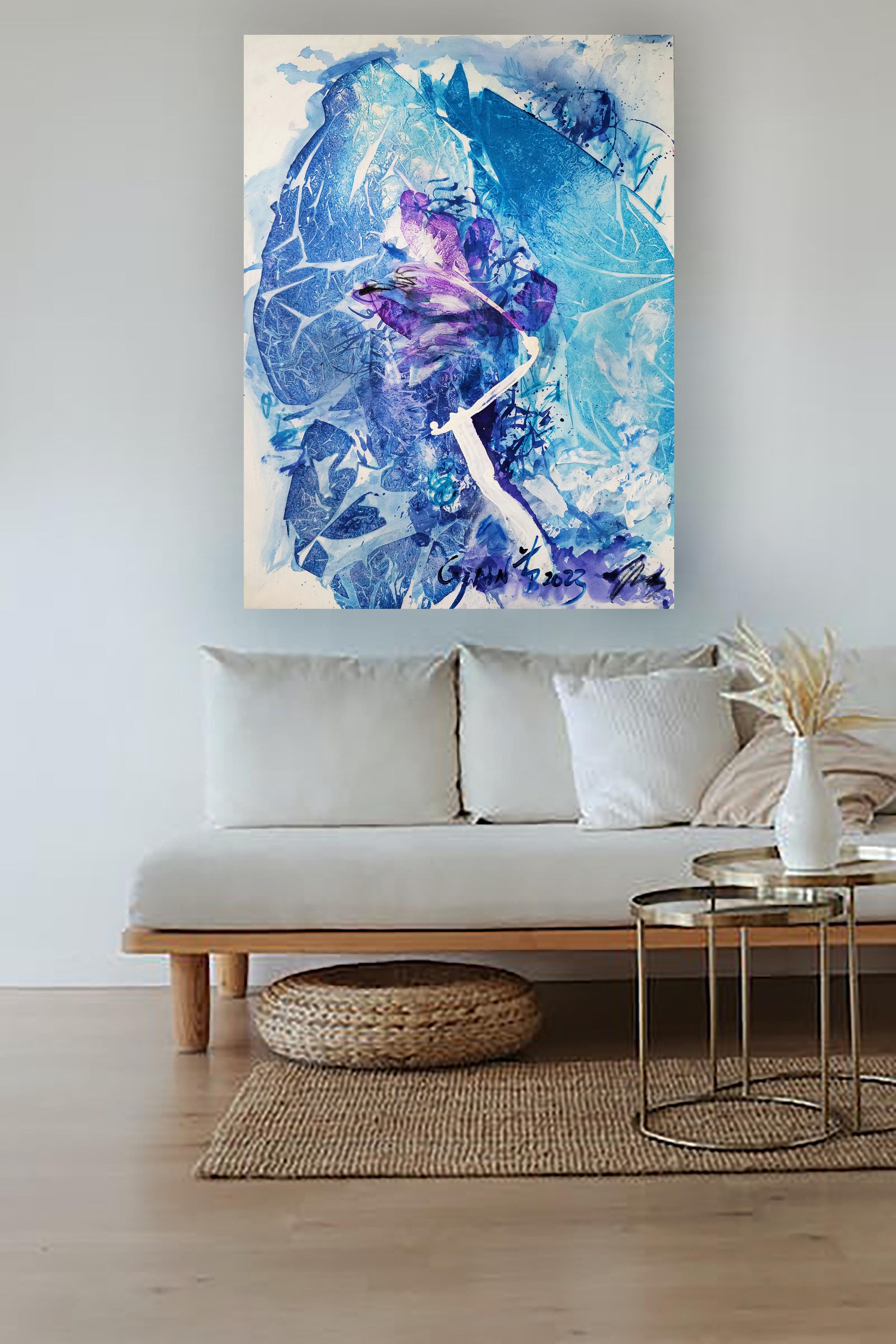 Solitary Blossom – Fresh, Lyrical, Expressive Abstract, Zen Calligraphy - Abstract Expressionist Painting by Cymn Wong 