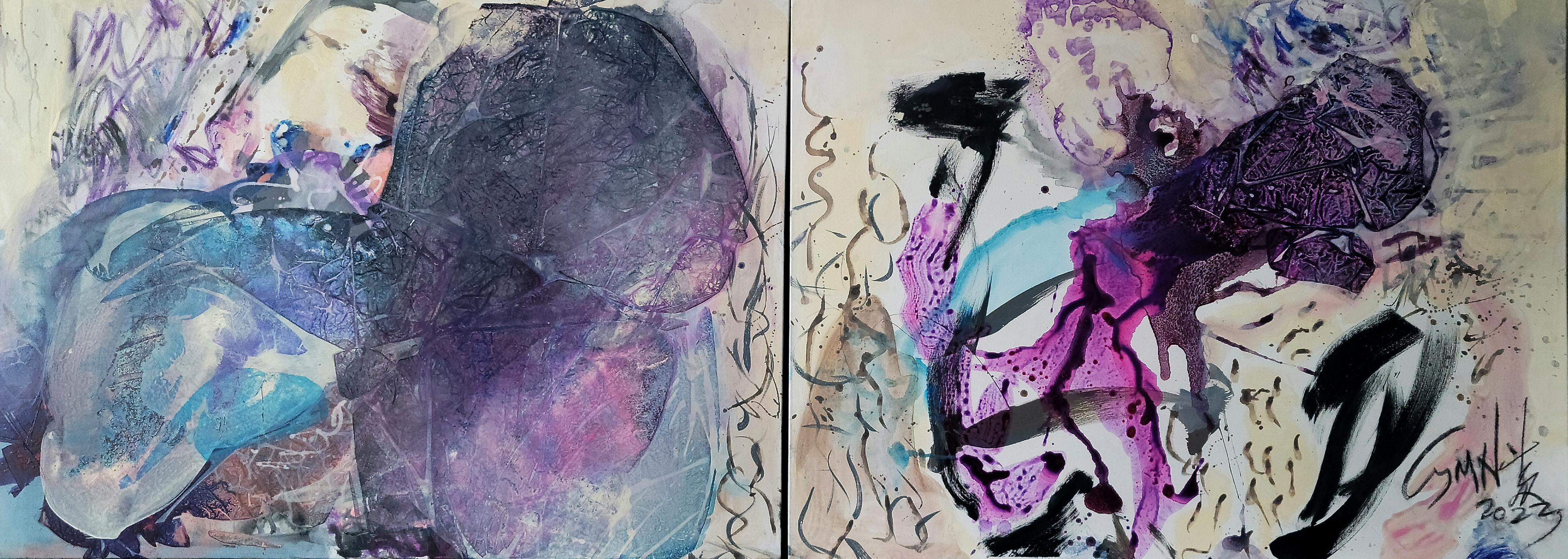 Two Souls, One Awakening-Metamorphic, Expressive Abstract, Zen Calligraphy - Painting by Cymn Wong 