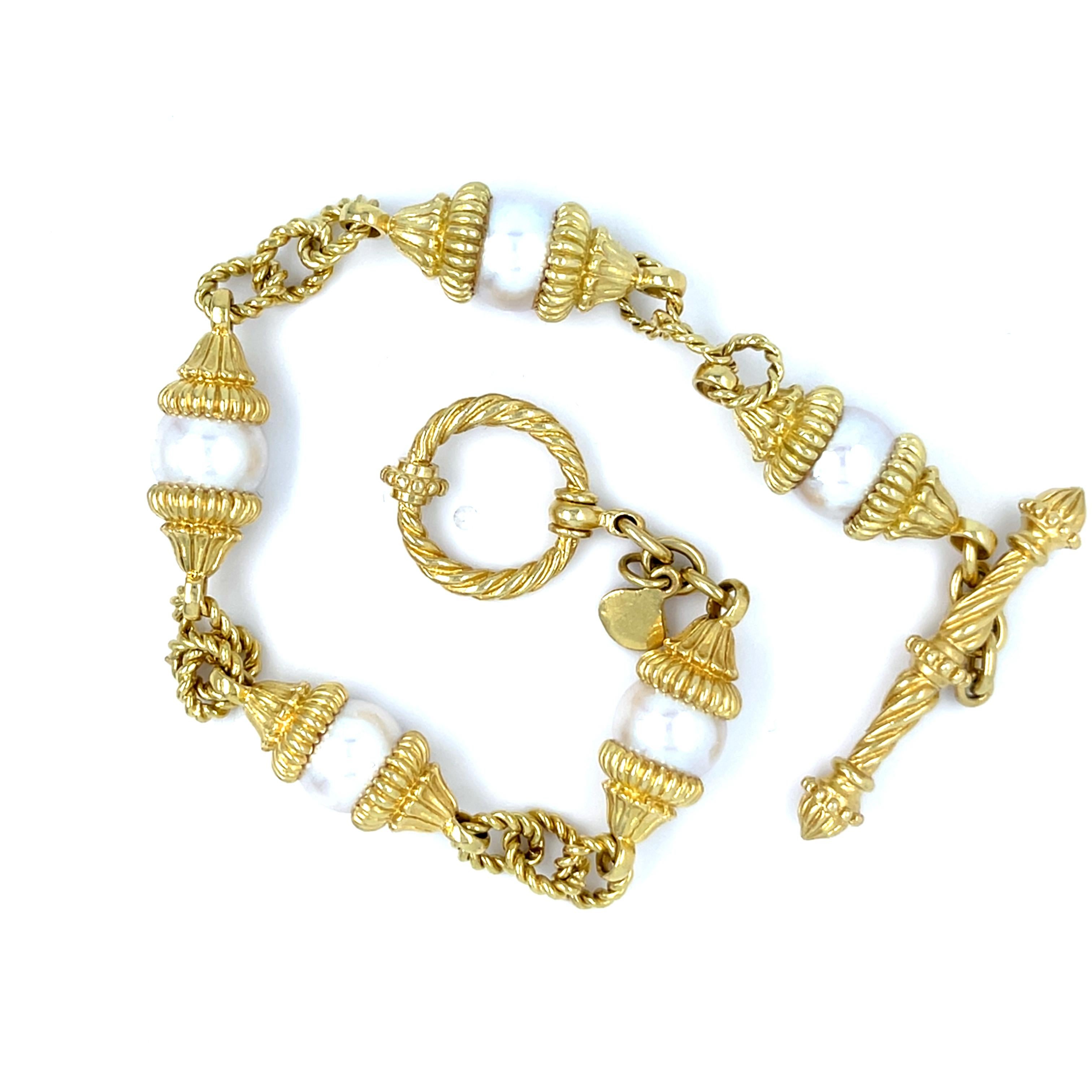 Cabochon Cynthia Bach 18K Gold and Cultured Akoya Pearl Bracelet 8.75