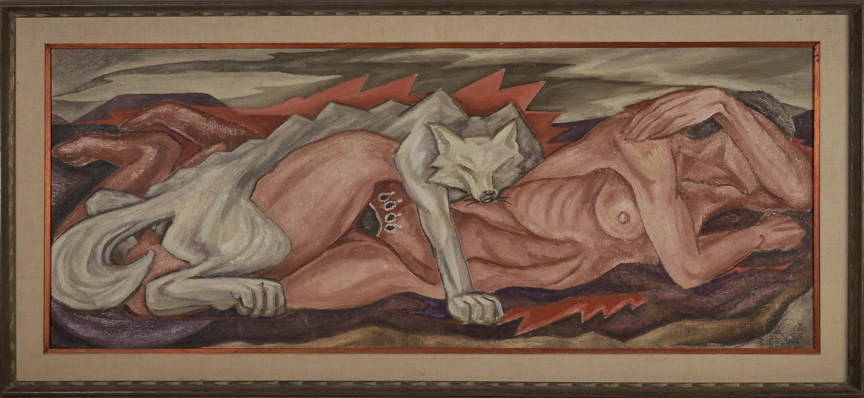 Quadro di grandi dimensioni, Fanciulla orso che cambia, Donna nuda che giace con il lupo, artista di Taos - Painting di Cynthia Bissell