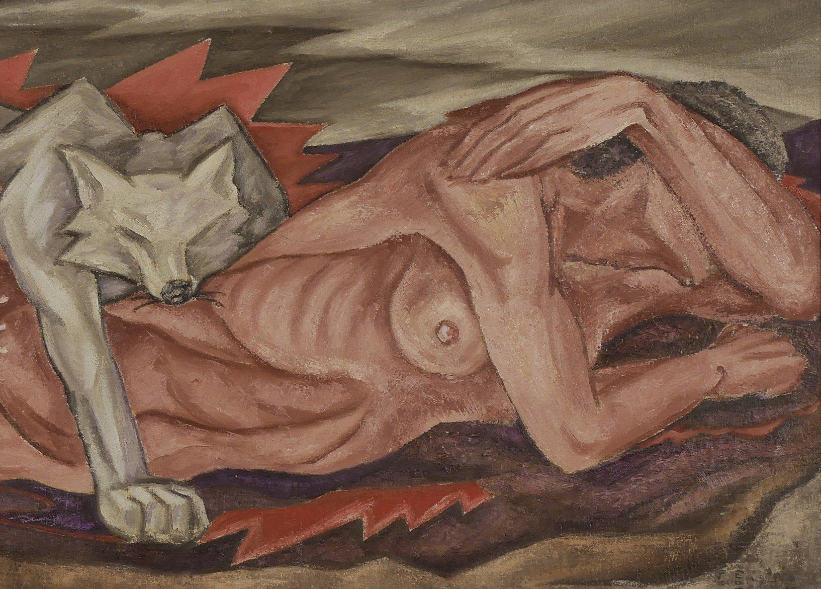 Quadro di grandi dimensioni, Fanciulla orso che cambia, Donna nuda che giace con il lupo, artista di Taos - Nude Painting Marrone di Cynthia Bissell
